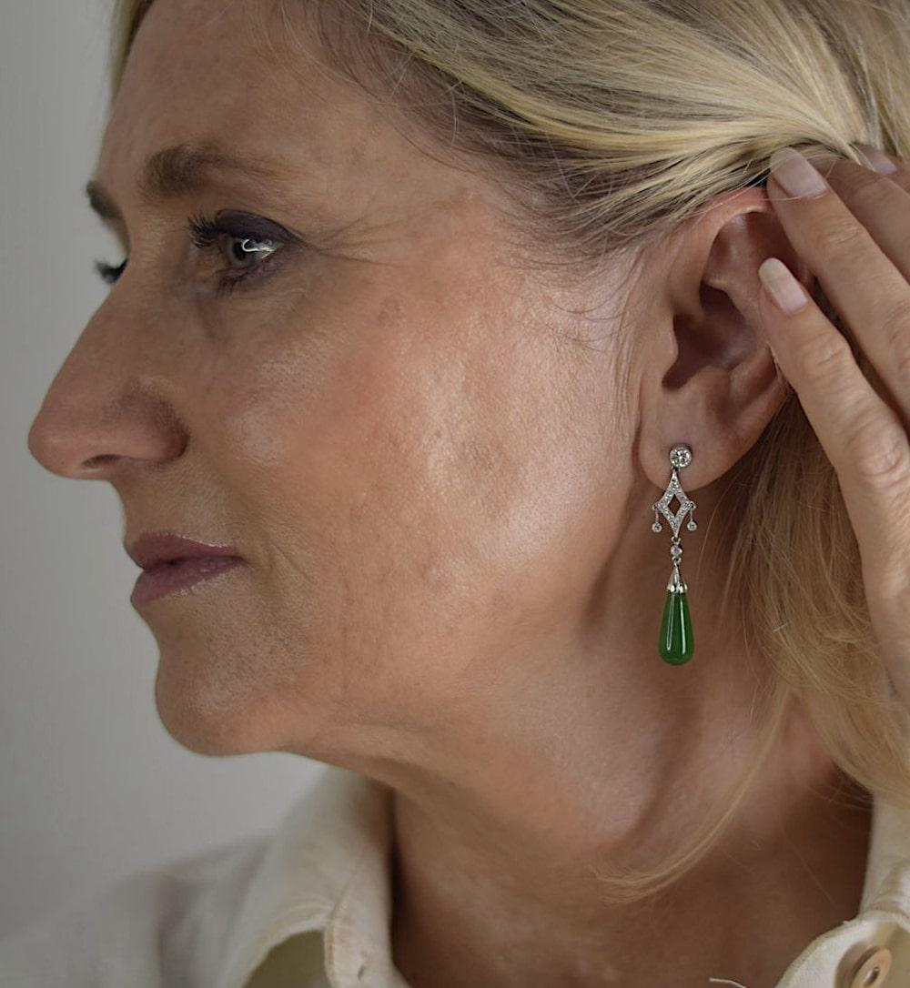 Art Deco Style Diamonds and Jadeites Long Platinum Earrings For Sale 1