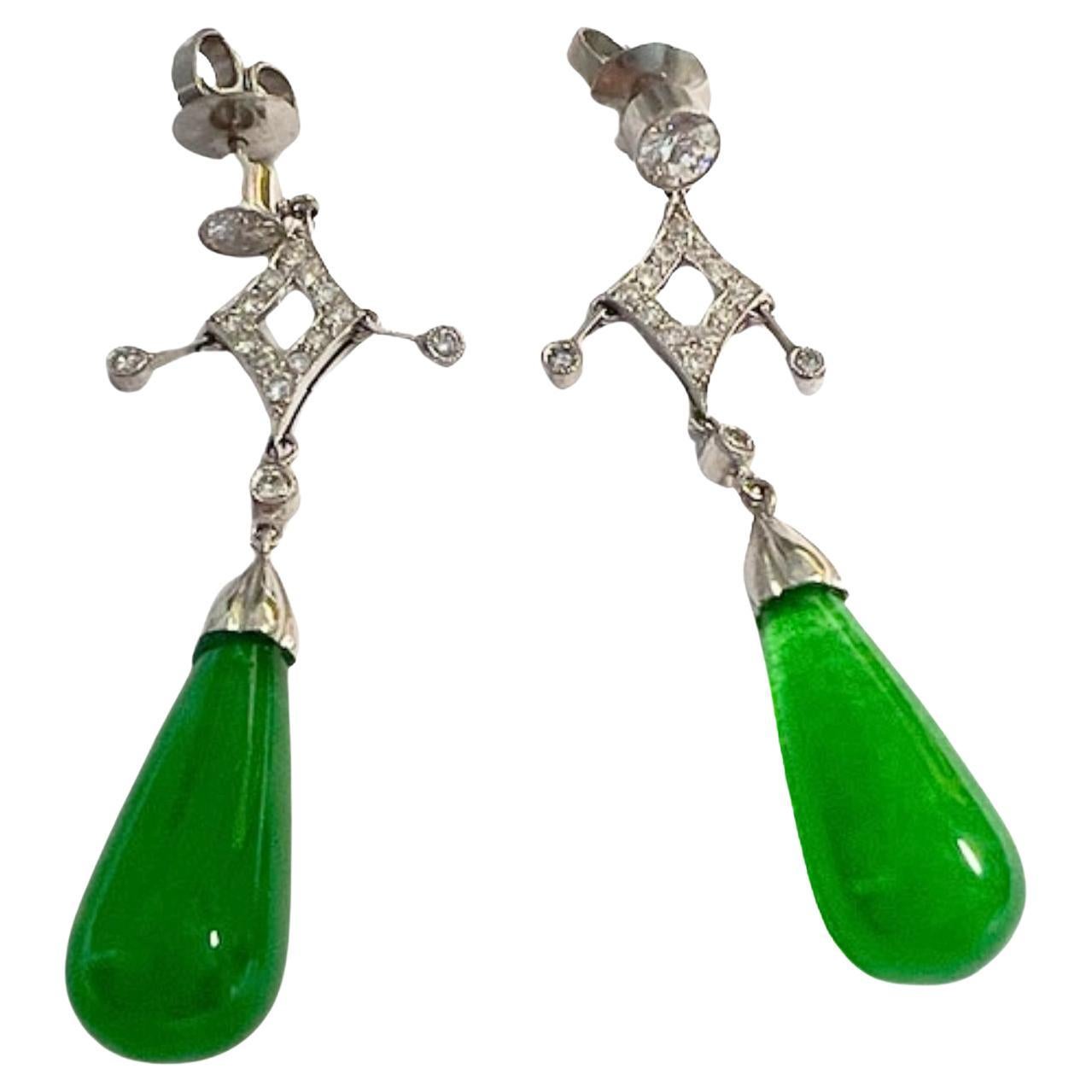 Art Deco Style Diamonds and Jadeites Long Platinum Earrings