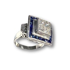 Art Deco Style Diamonds and Sapphires Platinum and white Gold Ring