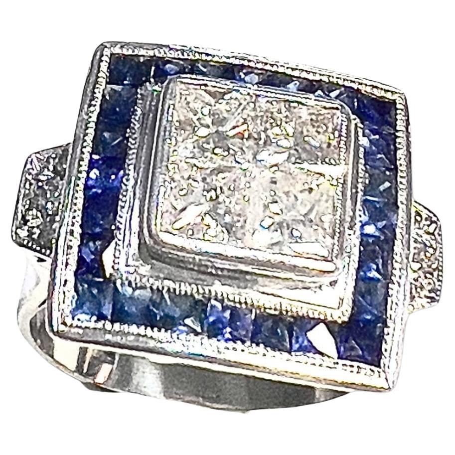 Art Deco Style Diamonds and Sapphires Platinum and white Gold Ring For Sale