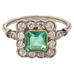 Art Deco Style Diamonds Forest Green Emerald Platinum Ring