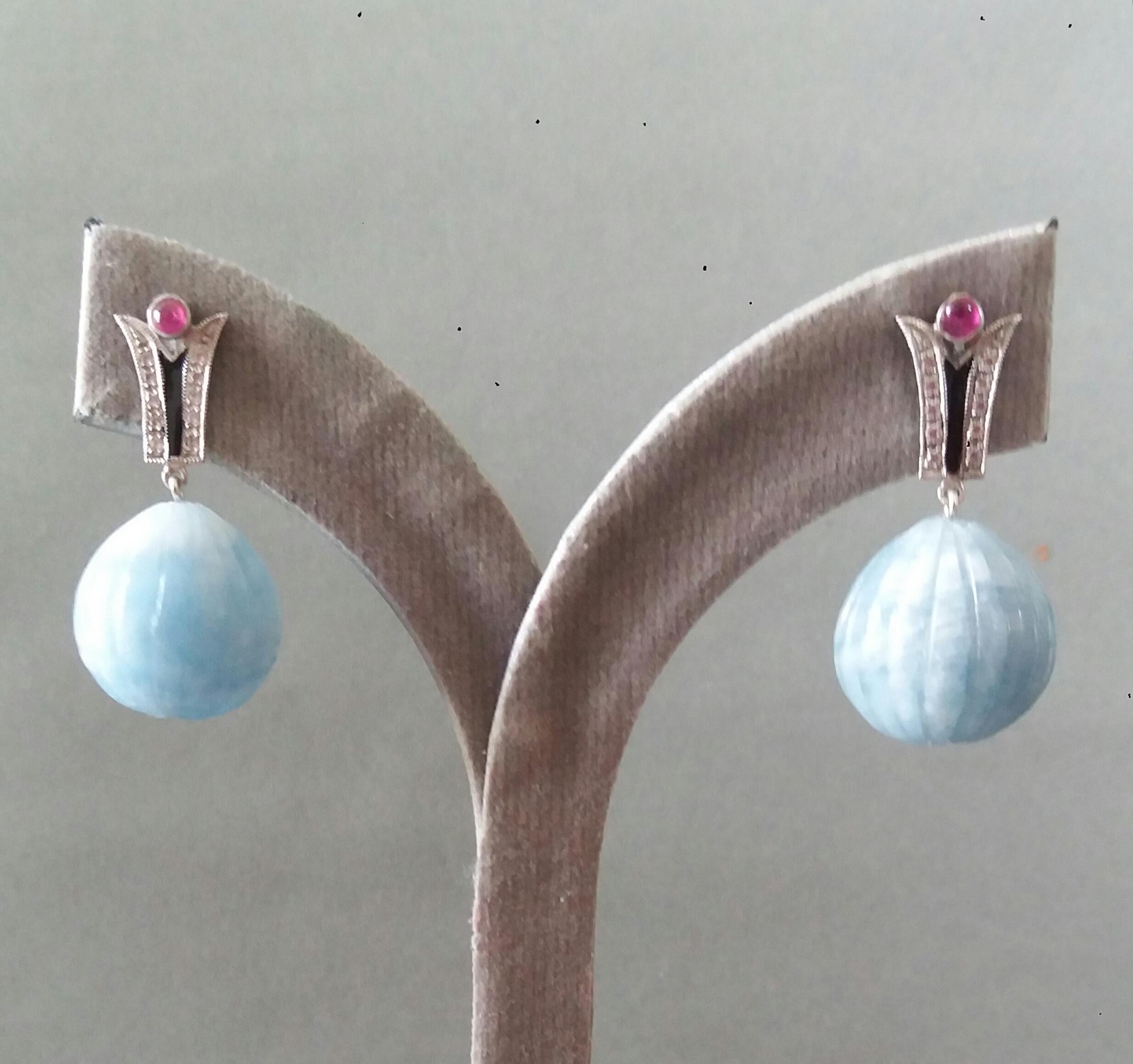 Art Deco Style Diamonds Gold Black Enamel Rubies Aquamarine Carved Drop Earrings For Sale 6