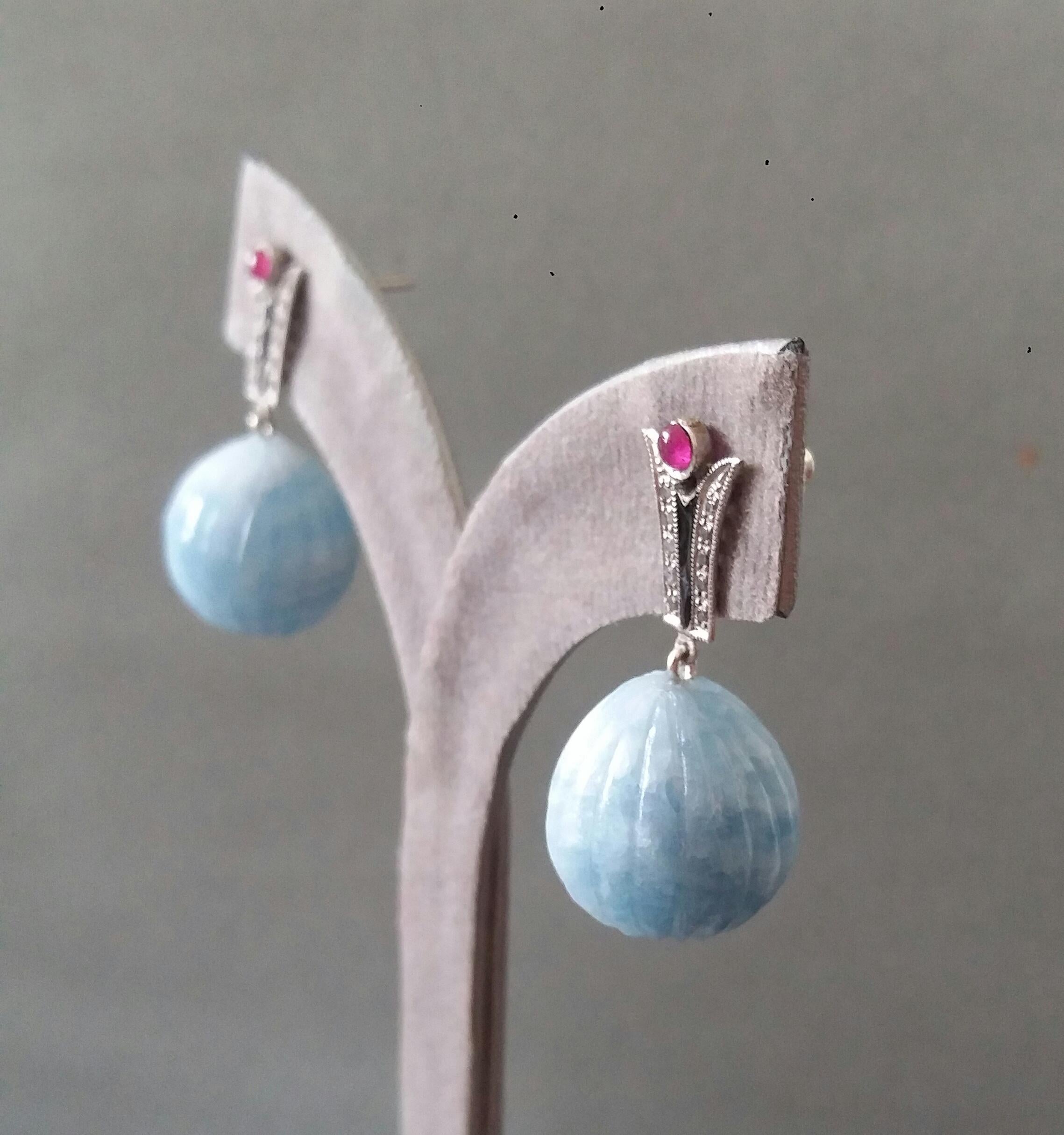 Art Deco Style Diamonds Gold Black Enamel Rubies Aquamarine Carved Drop Earrings For Sale 7