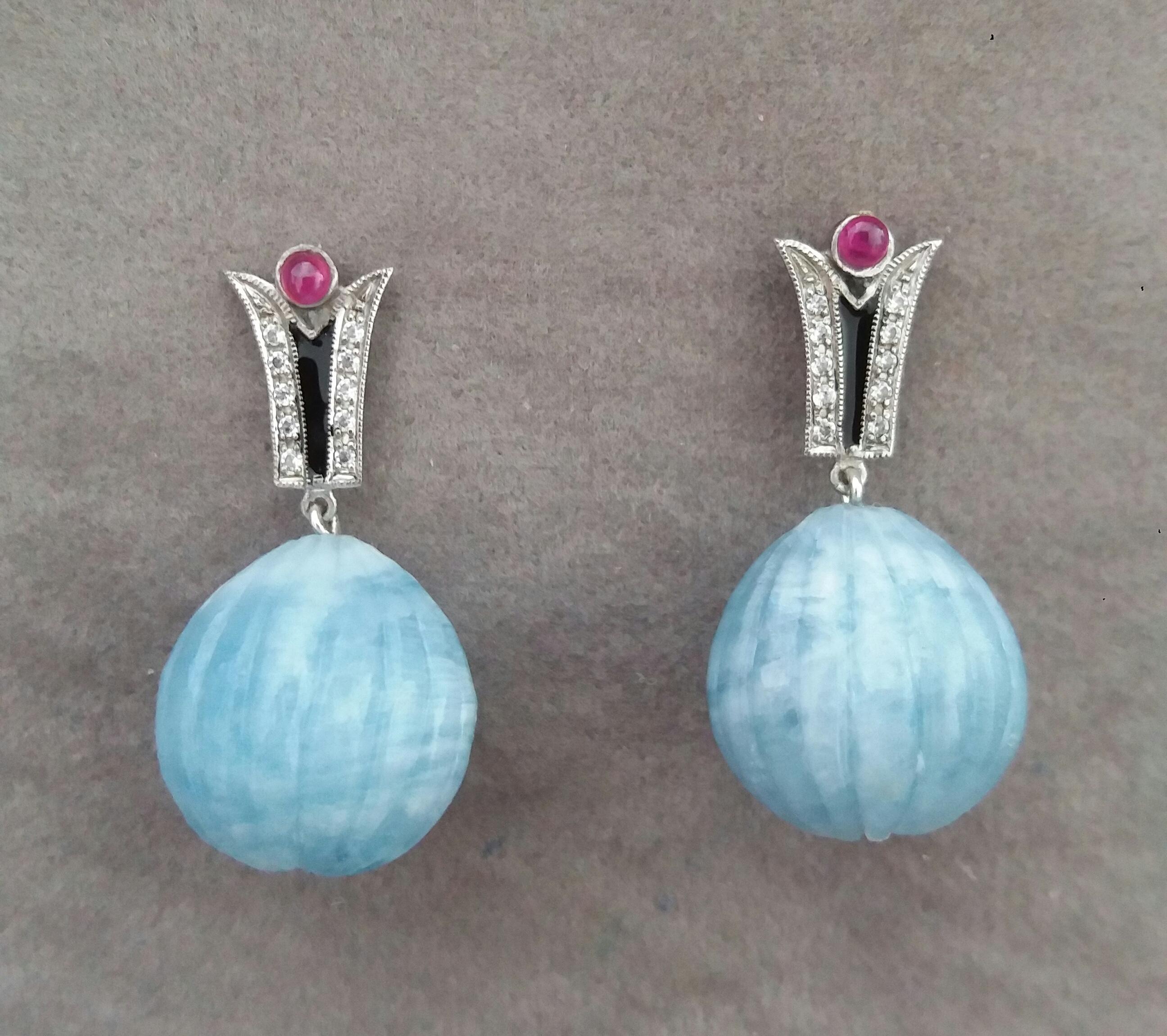 Pear Cut Art Deco Style Diamonds Gold Black Enamel Rubies Aquamarine Carved Drop Earrings For Sale