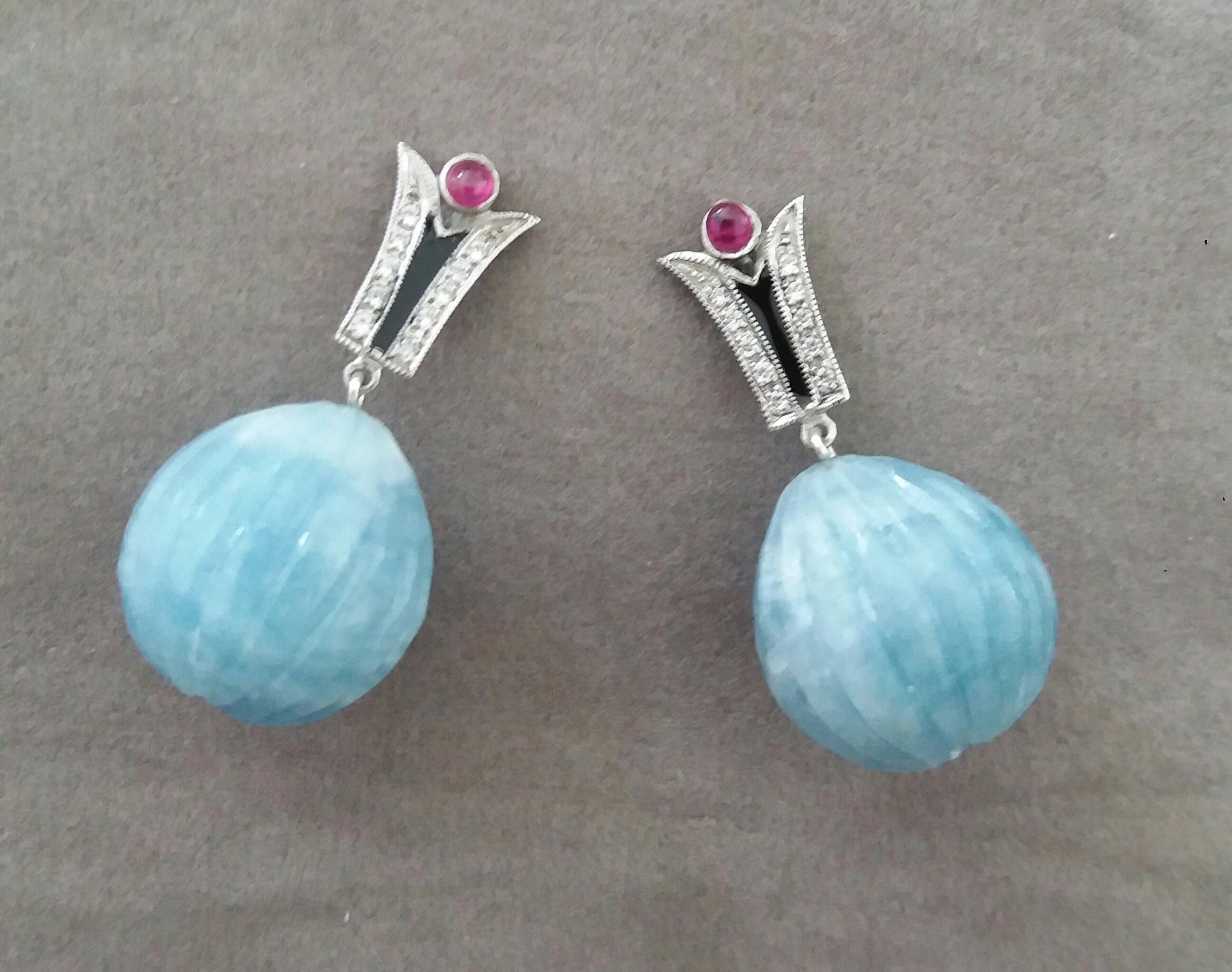 Art Deco Style Diamonds Gold Black Enamel Rubies Aquamarine Carved Drop Earrings In Good Condition For Sale In Bangkok, TH
