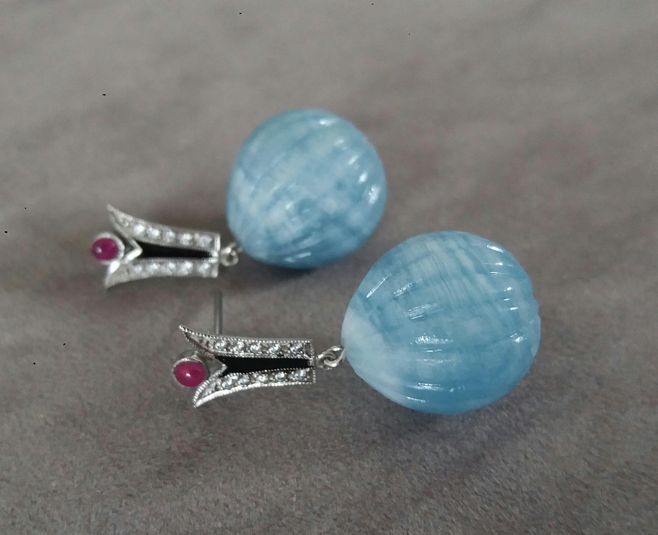 Women's Art Deco Style Diamonds Gold Black Enamel Rubies Aquamarine Carved Drop Earrings For Sale