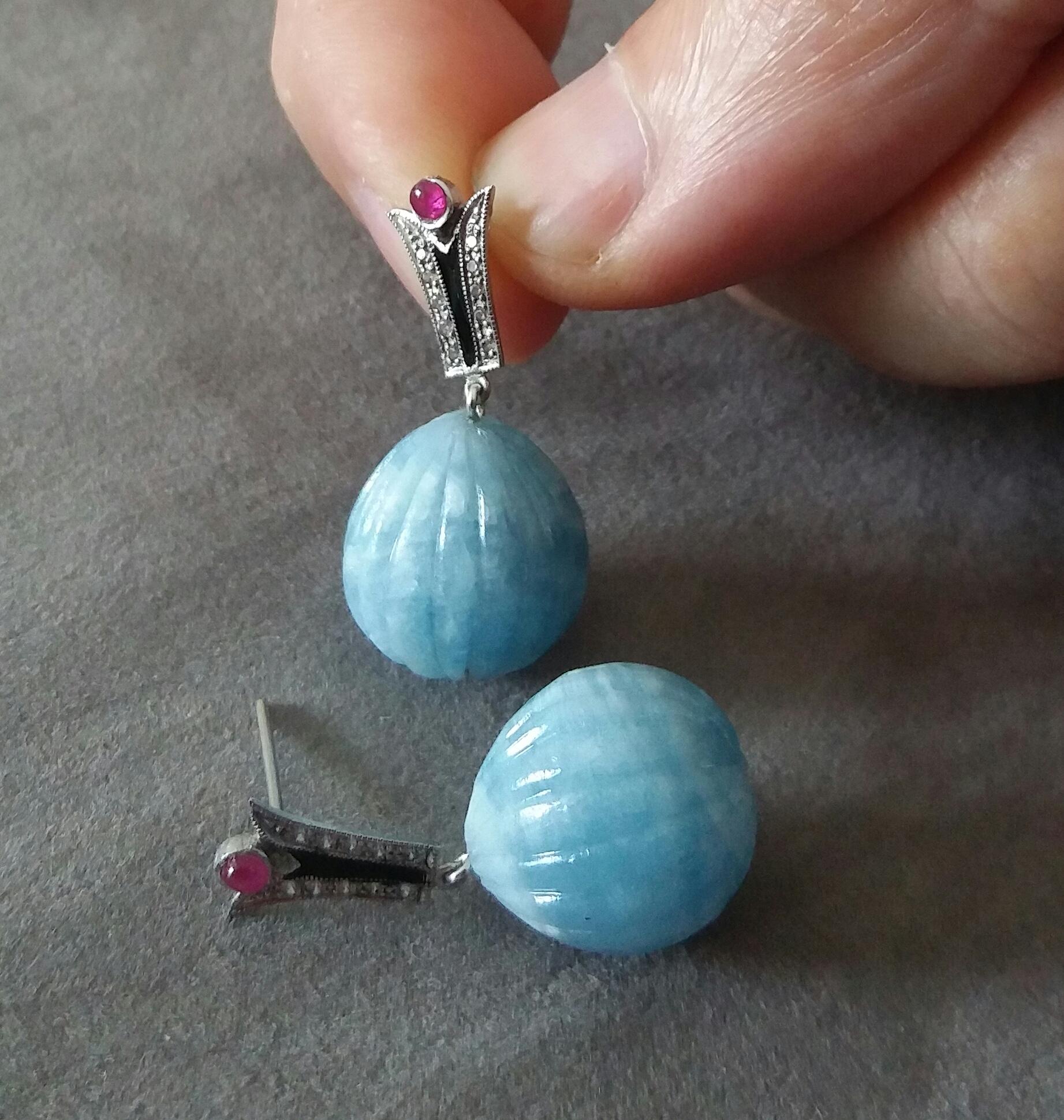 Art Deco Style Diamonds Gold Black Enamel Rubies Aquamarine Carved Drop Earrings For Sale 1