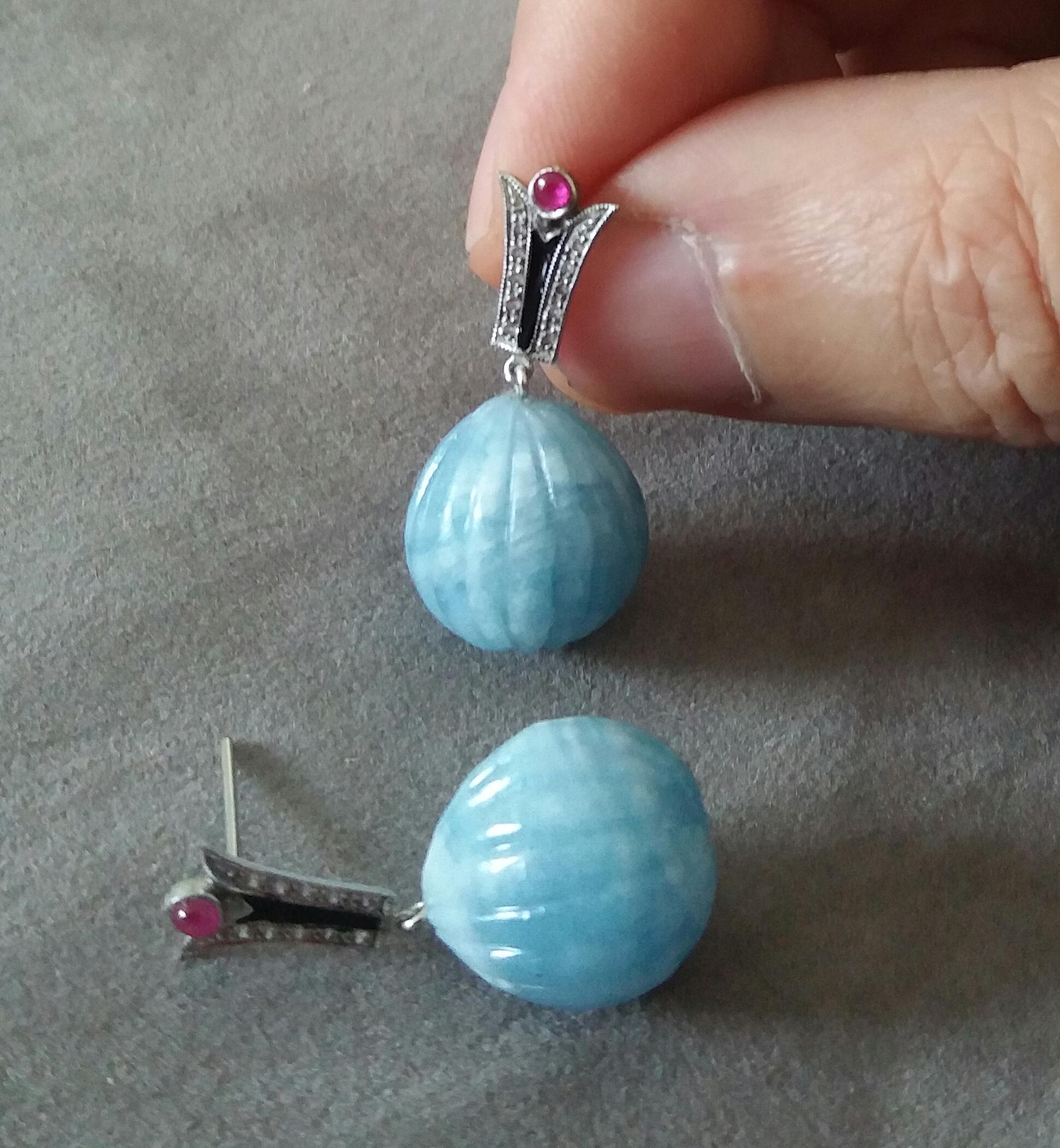 Art Deco Style Diamonds Gold Black Enamel Rubies Aquamarine Carved Drop Earrings For Sale 2