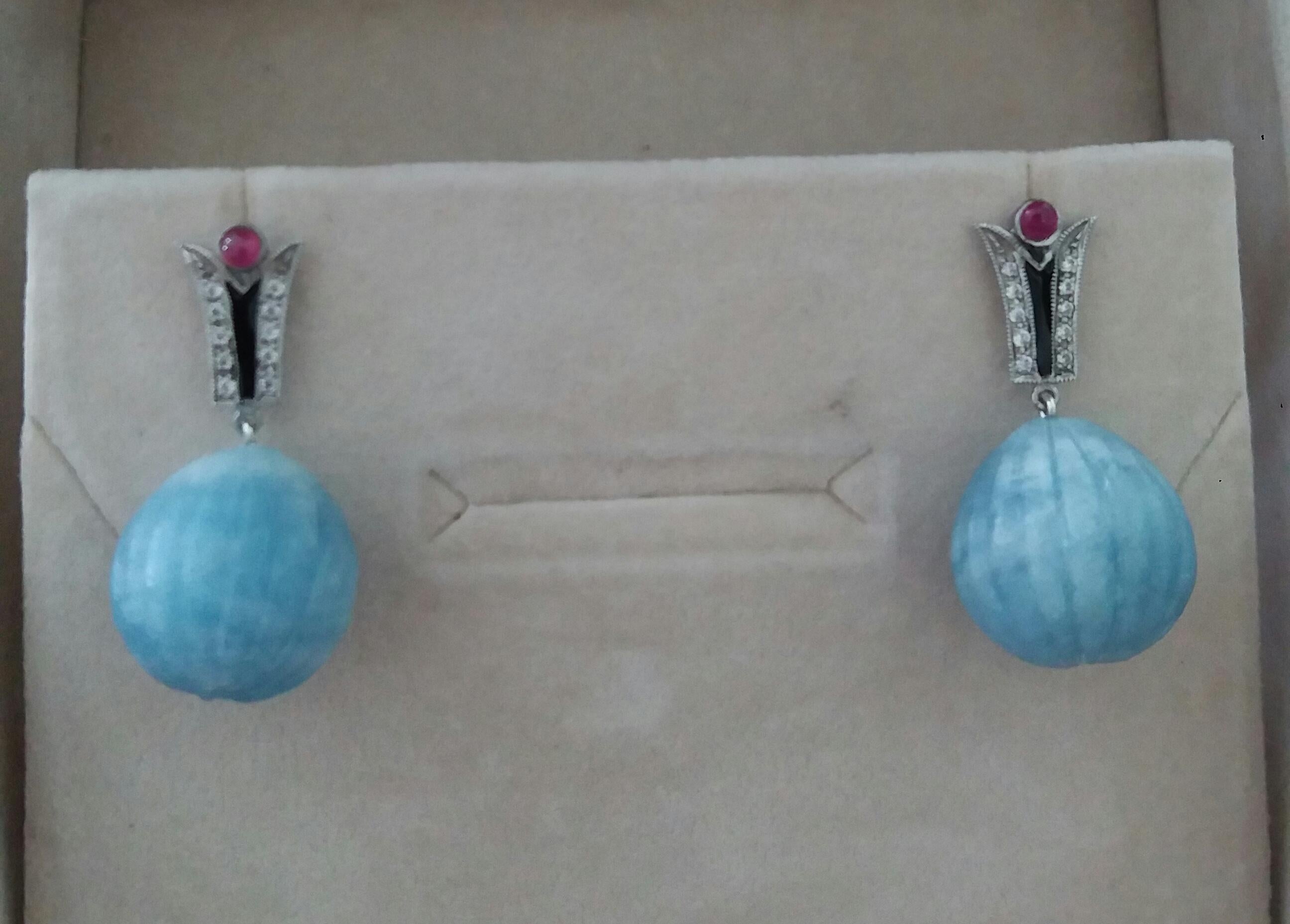 Art Deco Style Diamonds Gold Black Enamel Rubies Aquamarine Carved Drop Earrings For Sale 3