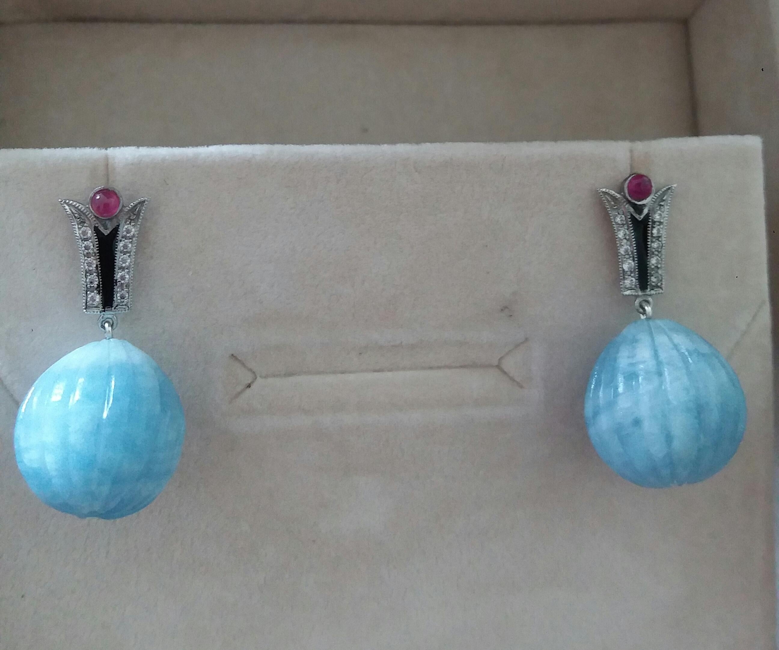 Art Deco Style Diamonds Gold Black Enamel Rubies Aquamarine Carved Drop Earrings For Sale 4