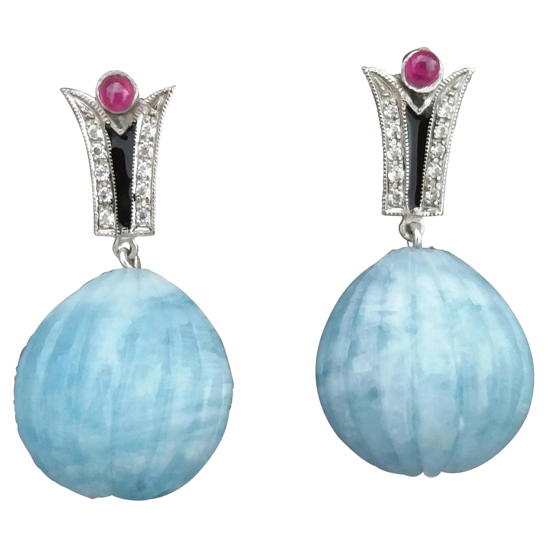 Art Deco Style Diamonds Gold Black Enamel Rubies Aquamarine Carved Drop Earrings