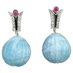 Art Deco Style Diamonds Gold Black Enamel Rubies Aquamarine Carved Drop Earrings