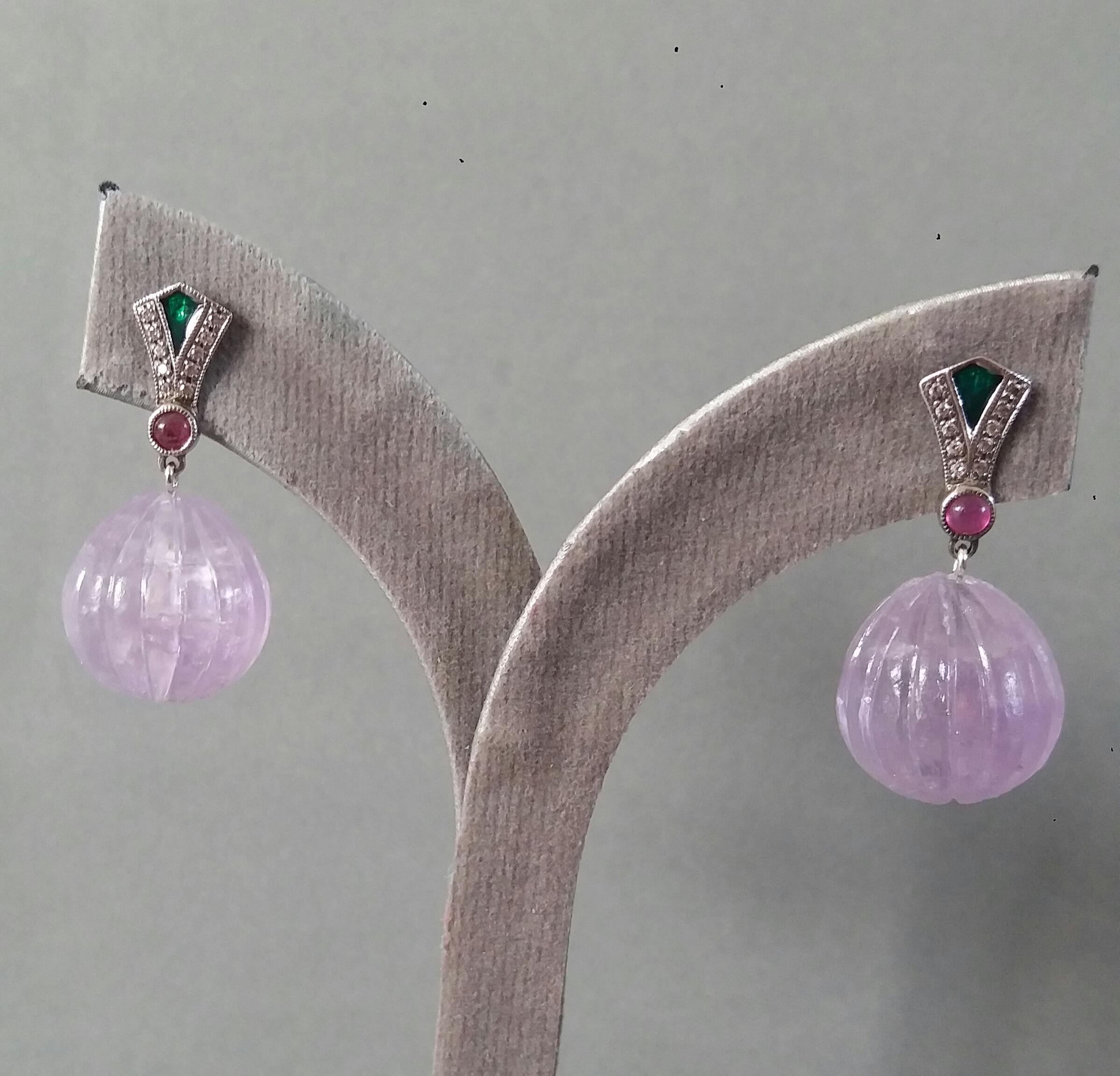 Art Deco Style Diamonds Gold Green Enamel Rubies Amethyst Carved Drop Earrings For Sale 8