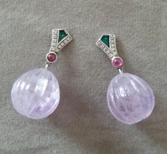 Art Deco Style Diamonds Gold Green Enamel Rubies Amethyst Carved Drop Earrings