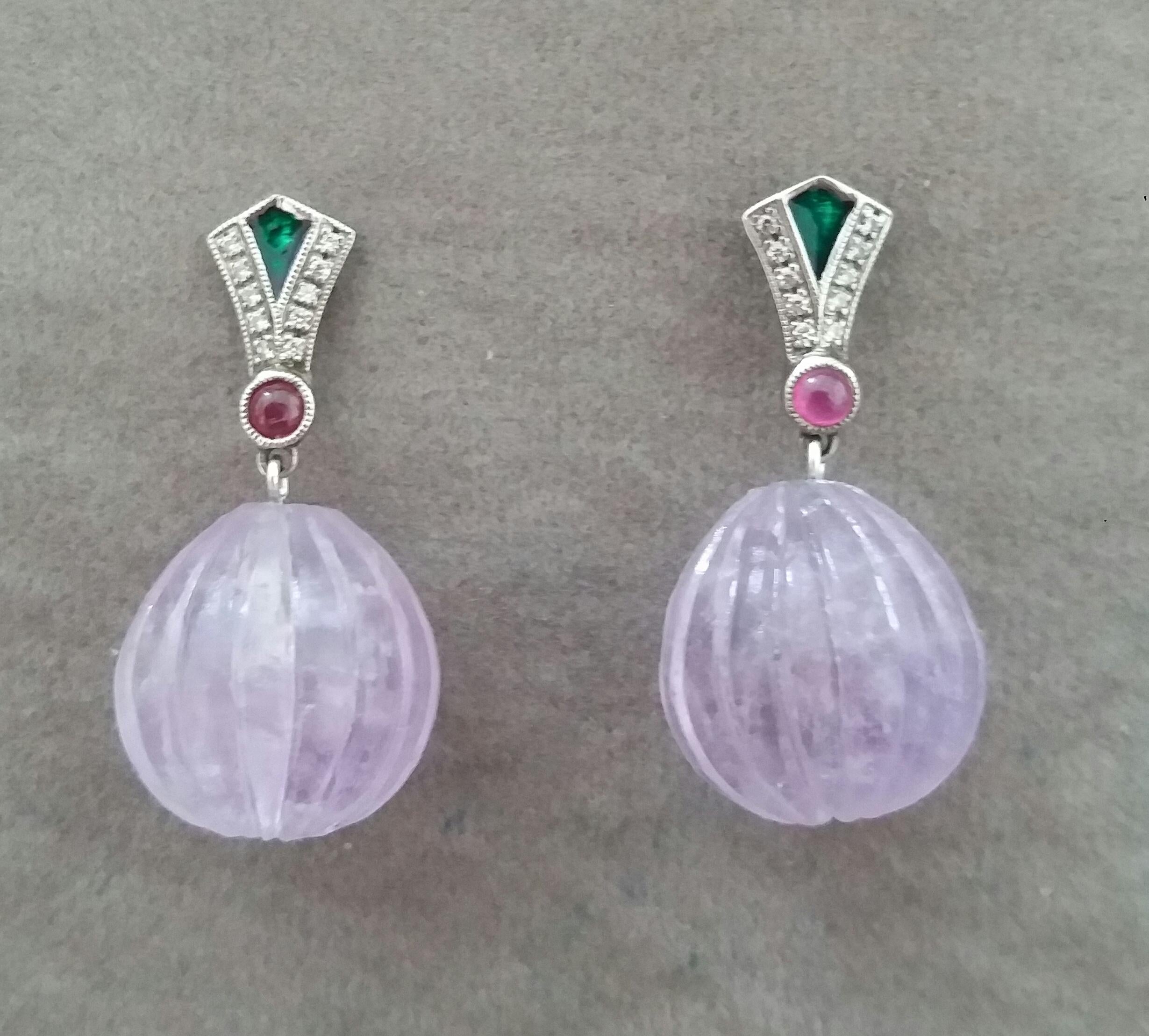 Art Deco Style Diamonds Gold Green Enamel Rubies Amethyst Carved Drop Earrings In Good Condition For Sale In Bangkok, TH