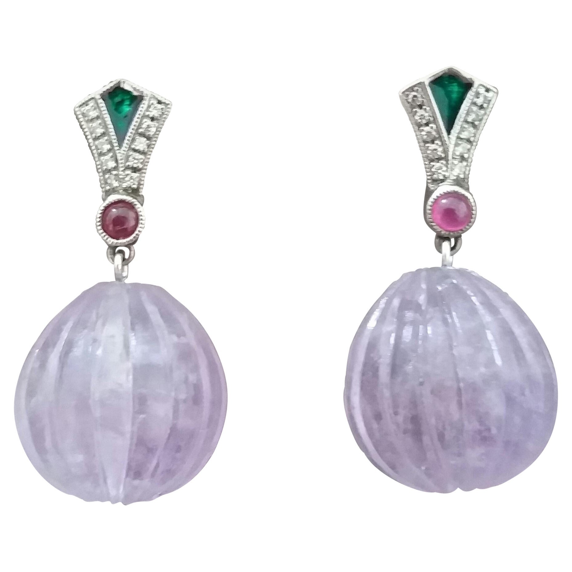 Art Deco Style Diamonds Gold Green Enamel Rubies Amethyst Carved Drop Earrings