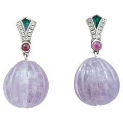 Art Deco Style Diamonds Gold Green Enamel Rubies Amethyst Carved Drop Earrings