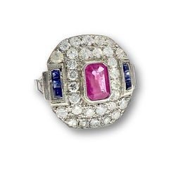 Art Deco Style Diamonds, Sapphire, and Ruby Platinum Ring