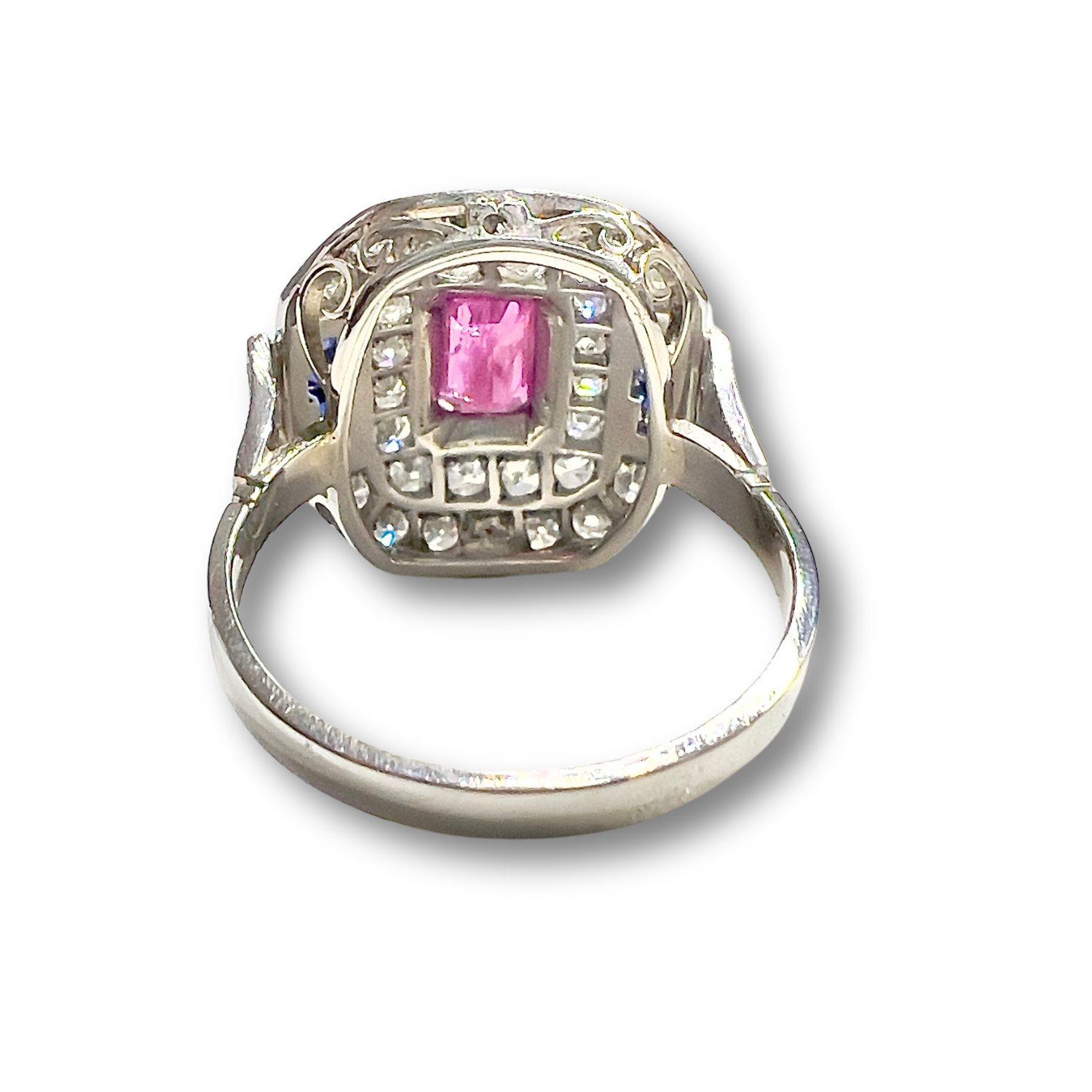 Emerald Cut Art Deco Style Diamonds, Sapphire, and Ruby Platinum Ring For Sale