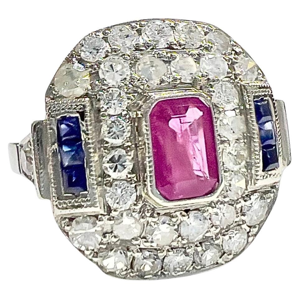 Art Deco Style Diamonds, Sapphire, and Ruby Platinum Ring For Sale