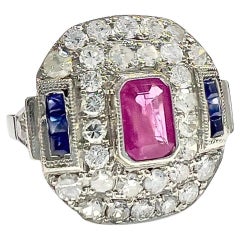Retro Art Deco Style Diamonds, Sapphire, and Ruby Platinum Ring