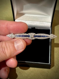 Art Deco Style 18K White Gold Sapphire & Diamond Bar Brooch, 1.30ct Diamonds