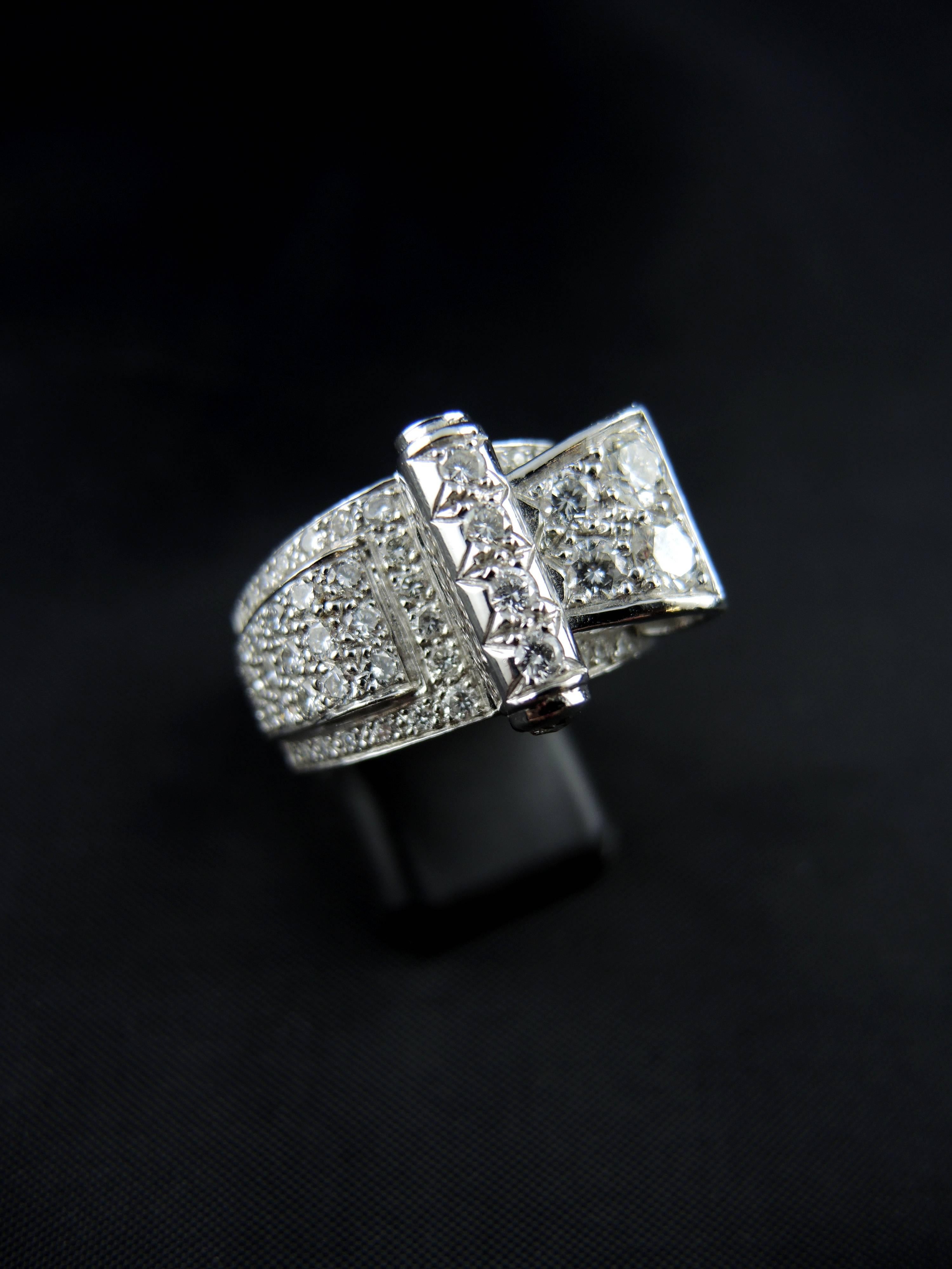 Art Deco Diamond White Gold French Ring For Sale