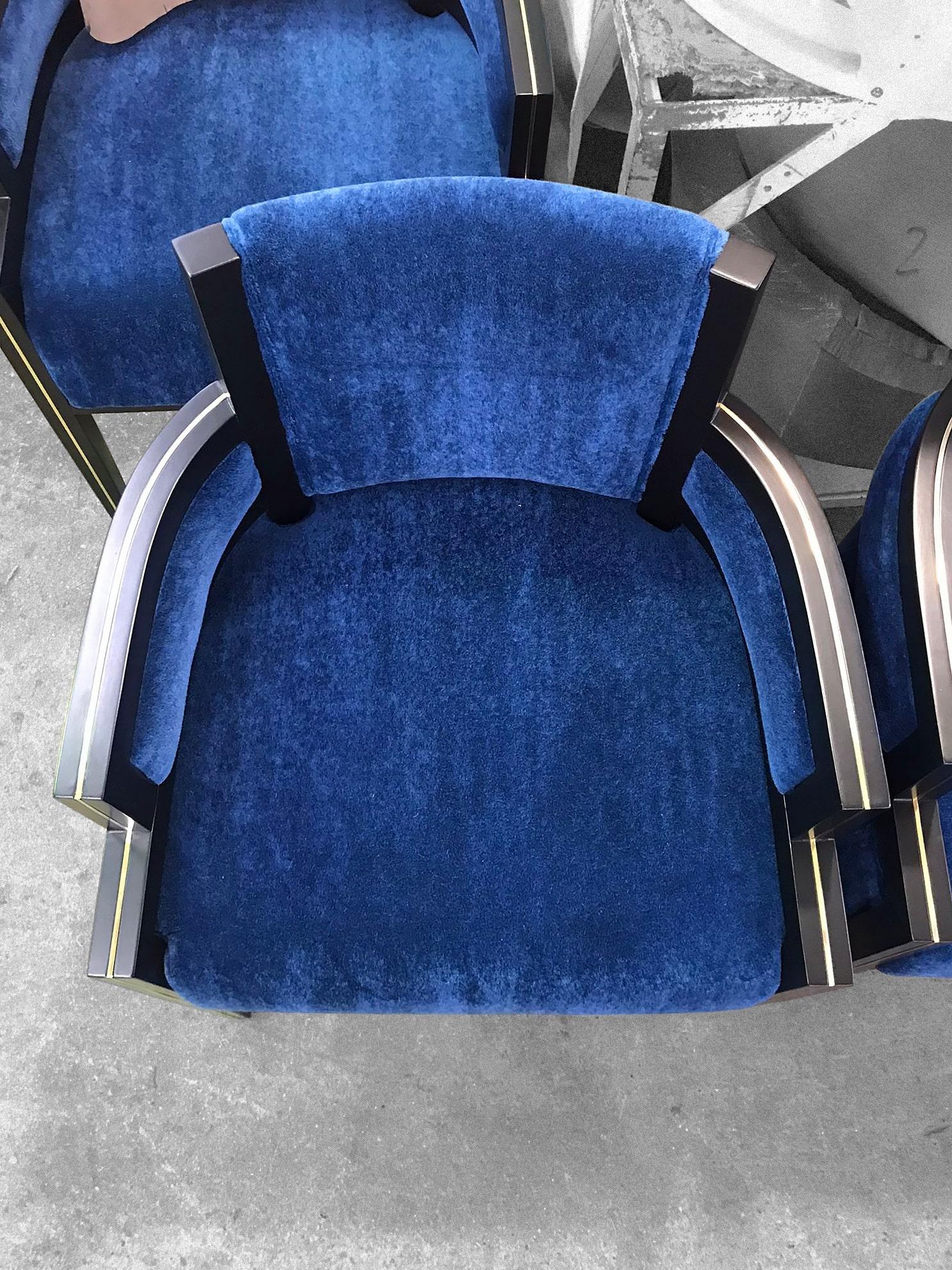 Contemporary Art Deco Style Dining Chair Blue Velvet Upholstery, Brass Detail Armchair For Sale