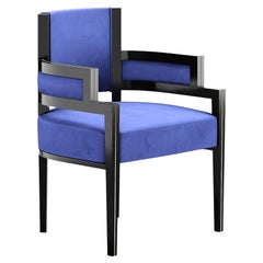 Sedia da pranzo in stile Art Déco Rivestimento in velluto blu, Poltrona con dettagli in ottone