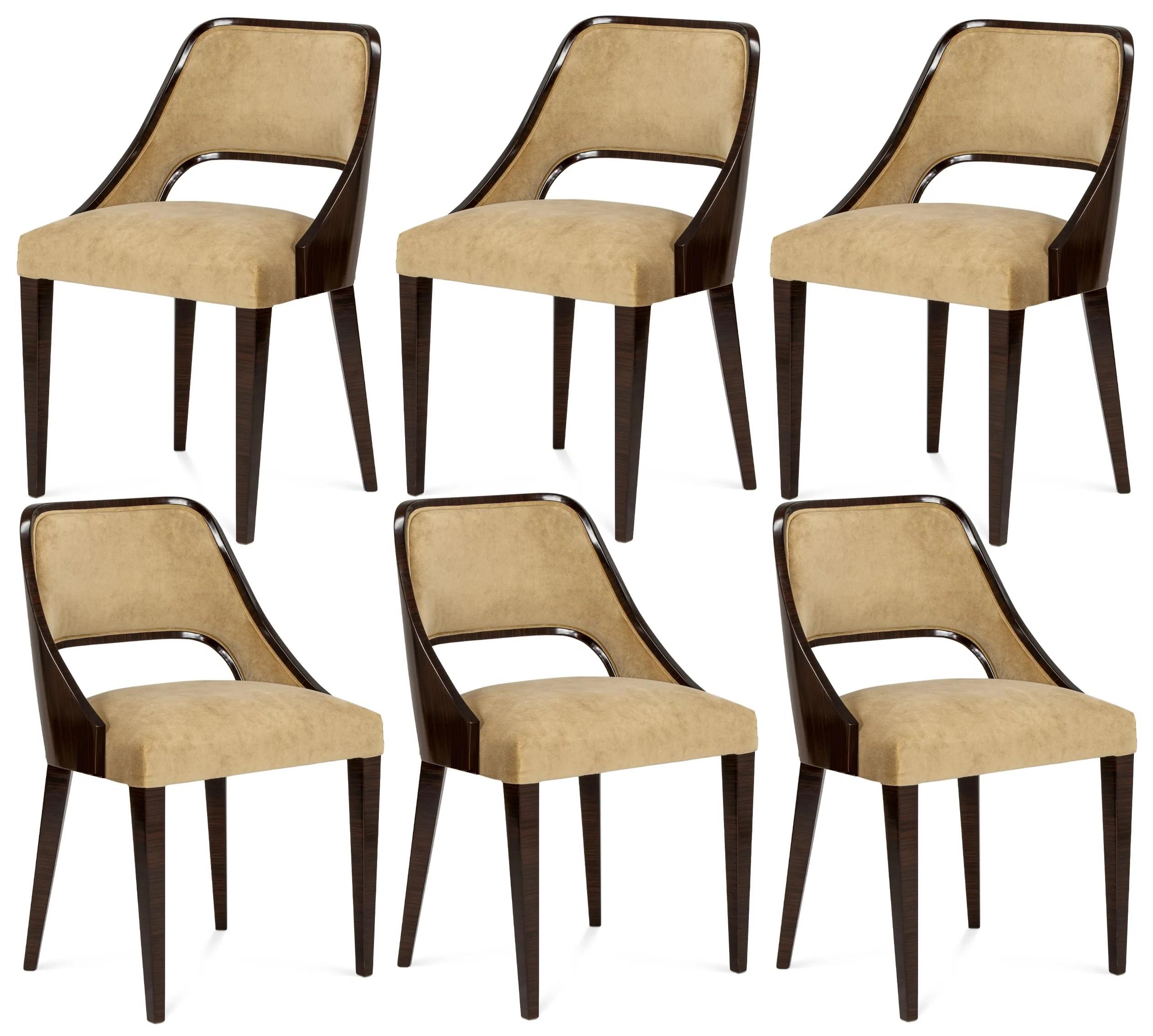 Art Deco Style Dining Chair With Back And Legs In Ebony Wood, Set of 6