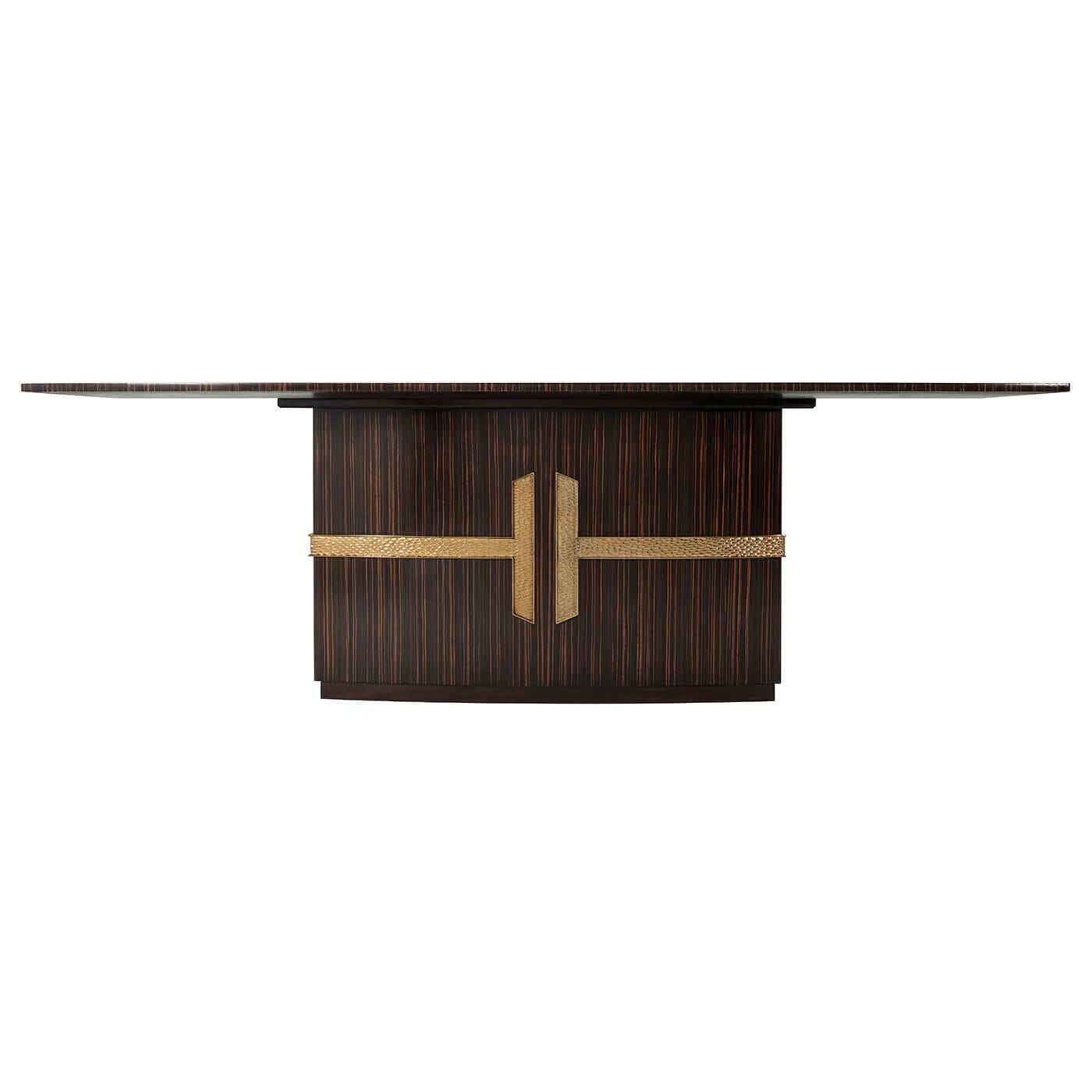 Art Deco-inspired rectangular bow sides dining table with brass line inlays, a faux ebony veneered top and base with hammered brass finish metal mounted accents.

Dimensions: 96
