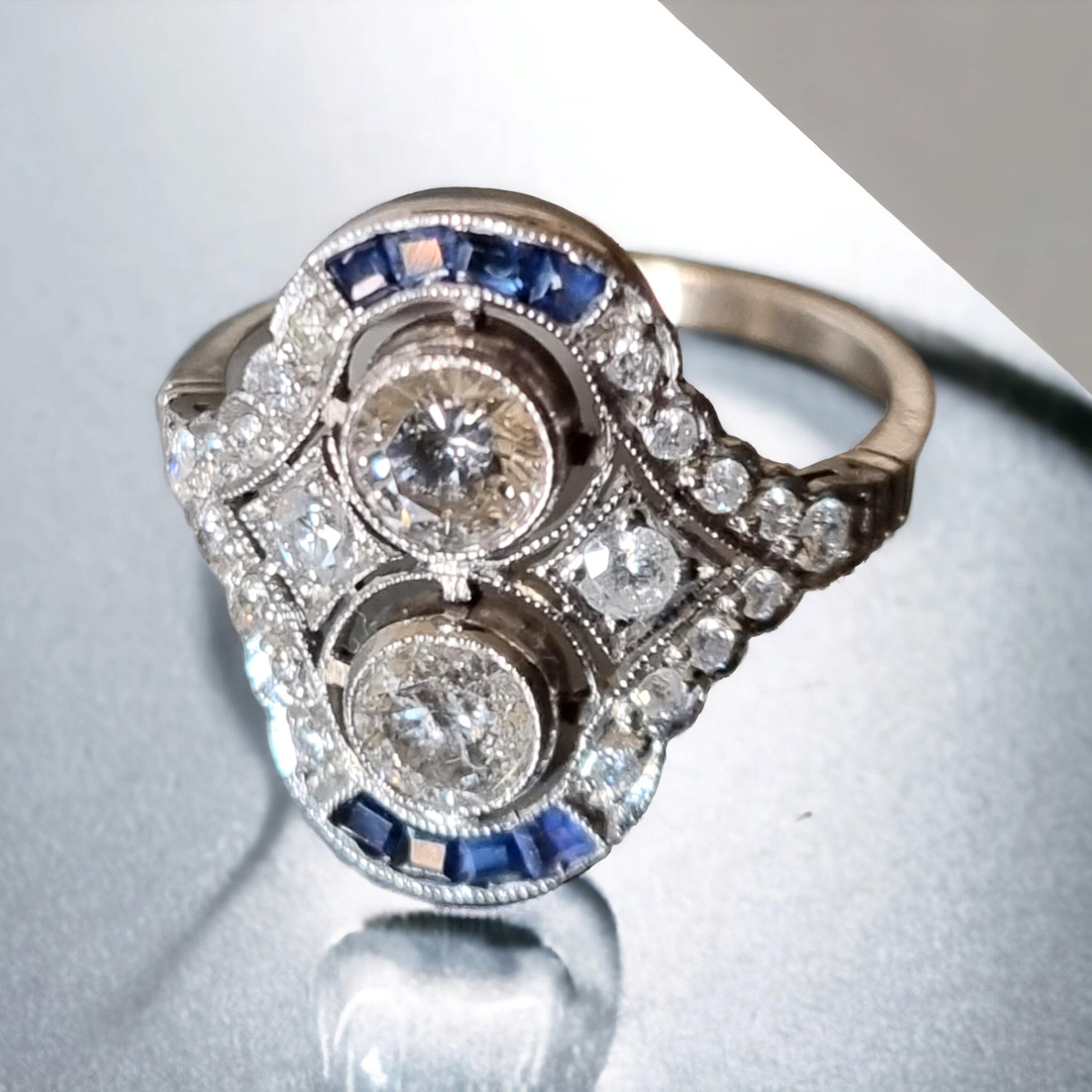 Art Deco Art-Deco Style Double Diamond and Calibre Sapphire Ring For Sale