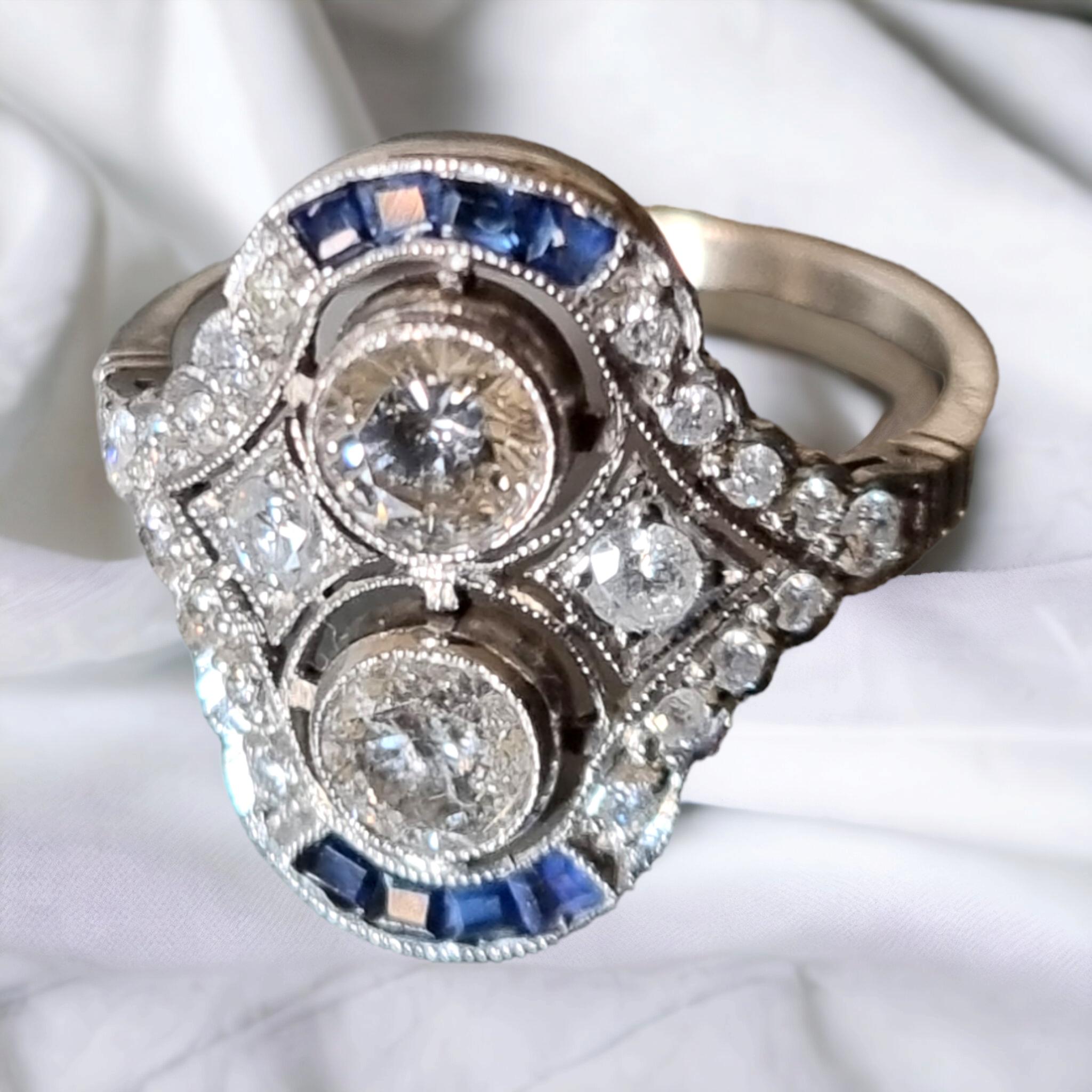 Old European Cut Art-Deco Style Double Diamond and Calibre Sapphire Ring For Sale