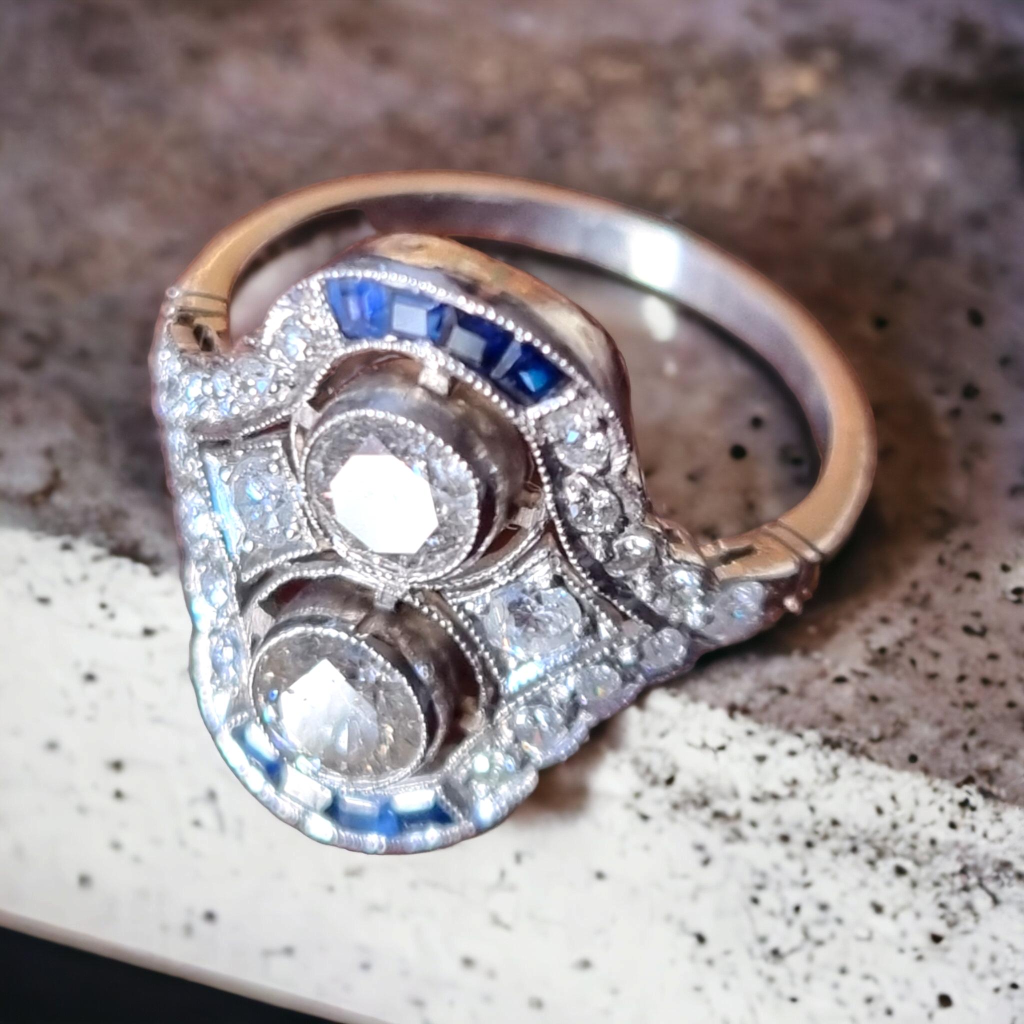 Women's Art-Deco Style Double Diamond and Calibre Sapphire Ring For Sale