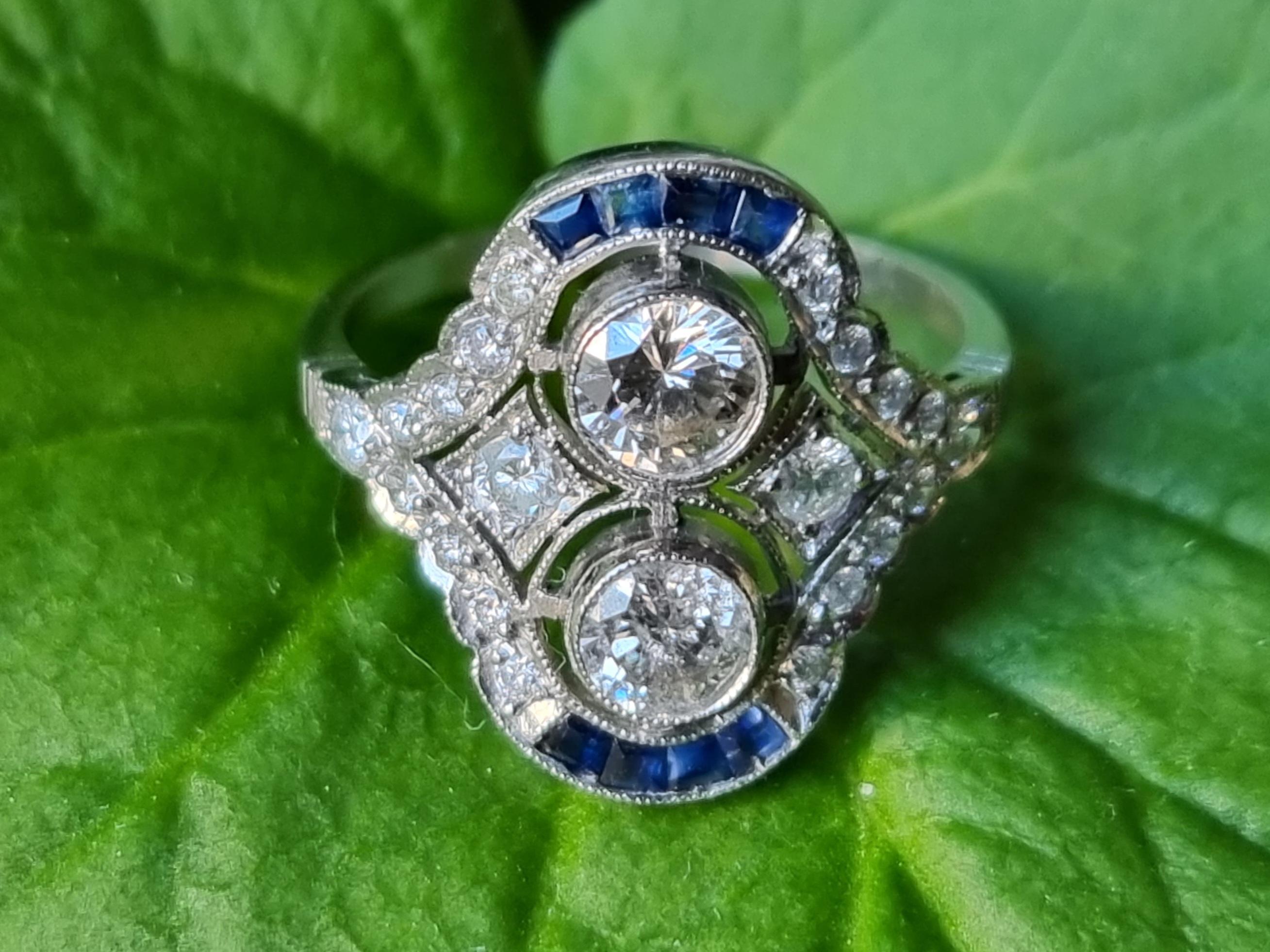 Art-Deco Style Double Diamond and Calibre Sapphire Ring For Sale 2
