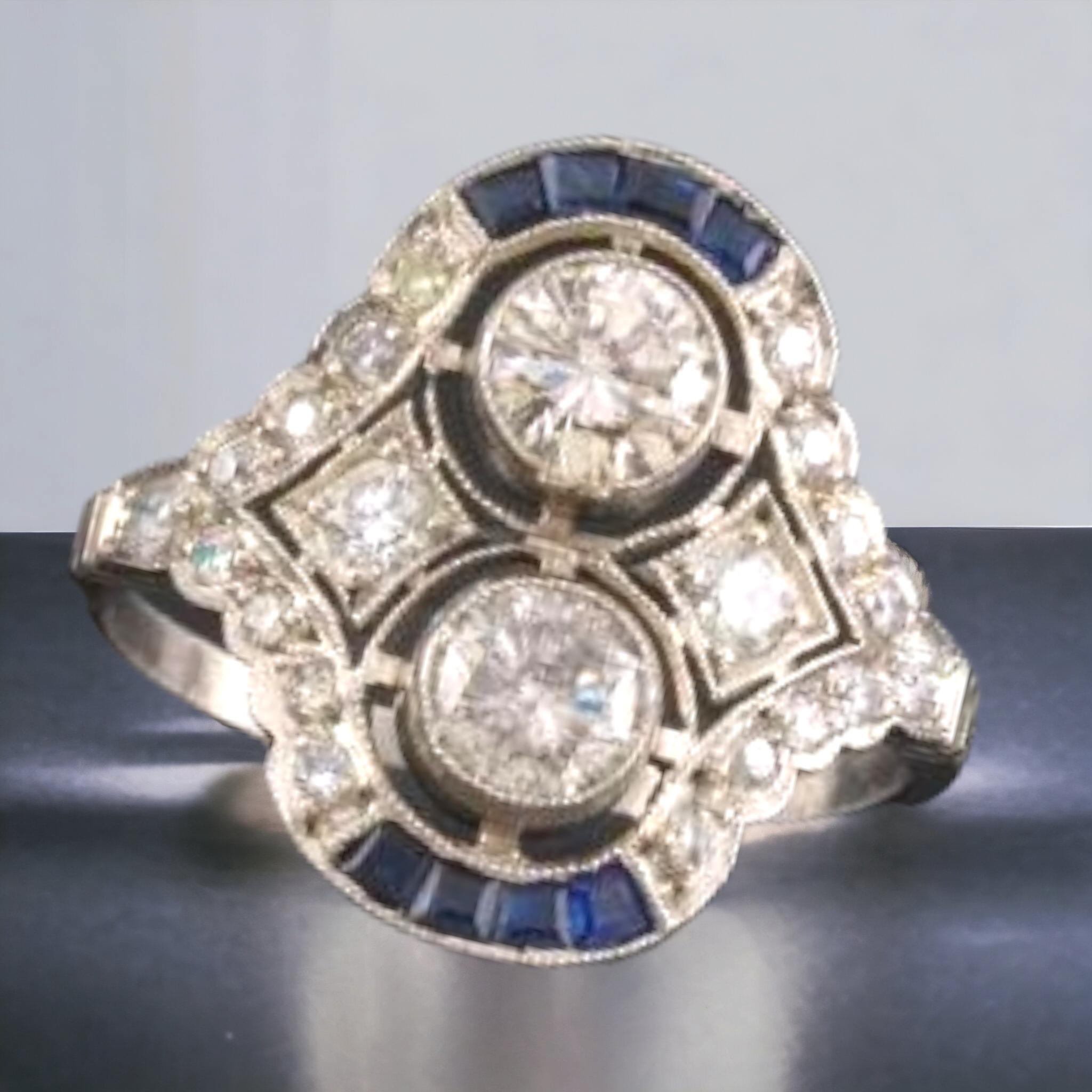 Art-Deco Style Double Diamond and Calibre Sapphire Ring For Sale 4