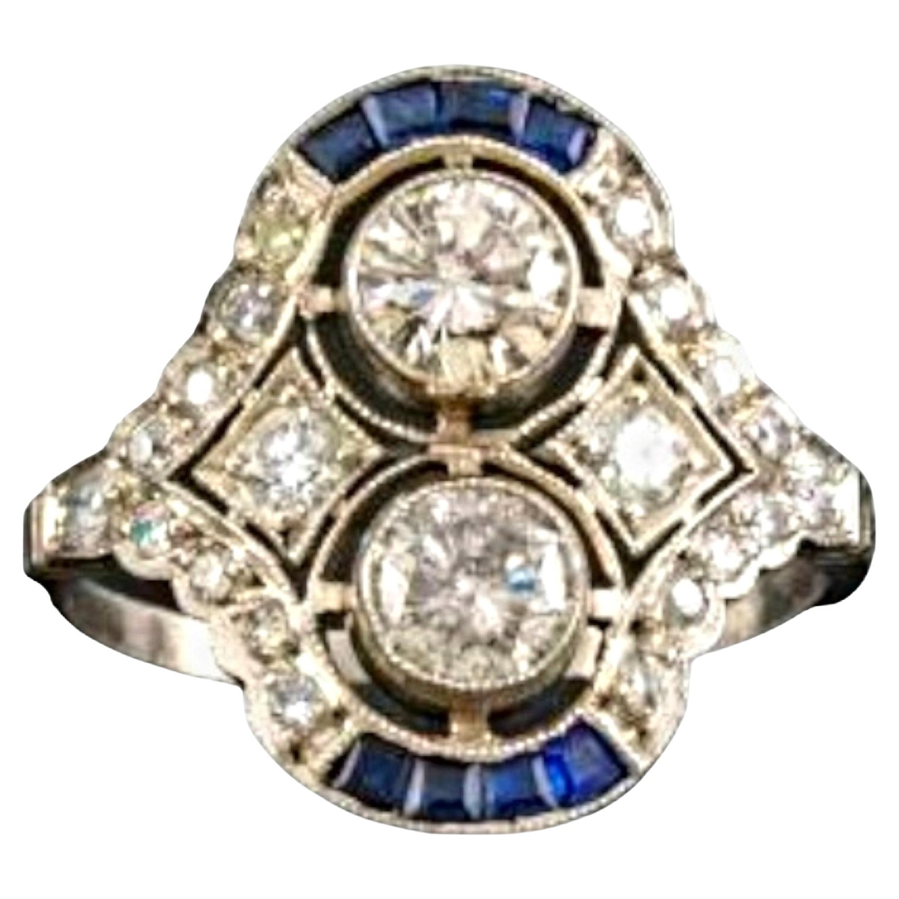 Art-Deco Style Double Diamond and Calibre Sapphire Ring For Sale