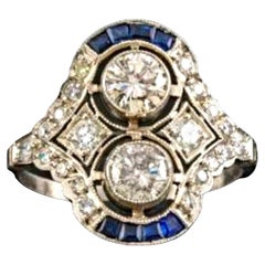Retro Art-Deco Style Double Diamond and Calibre Sapphire Ring
