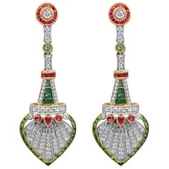 Art Deco Style Drop Diamond, Ruby and Emerald Earrings, 18 Karat Gold