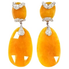 Contemporary 18 Karat Gold Art Deco-Inspired Yellow Jade Diamond Drop Earrings