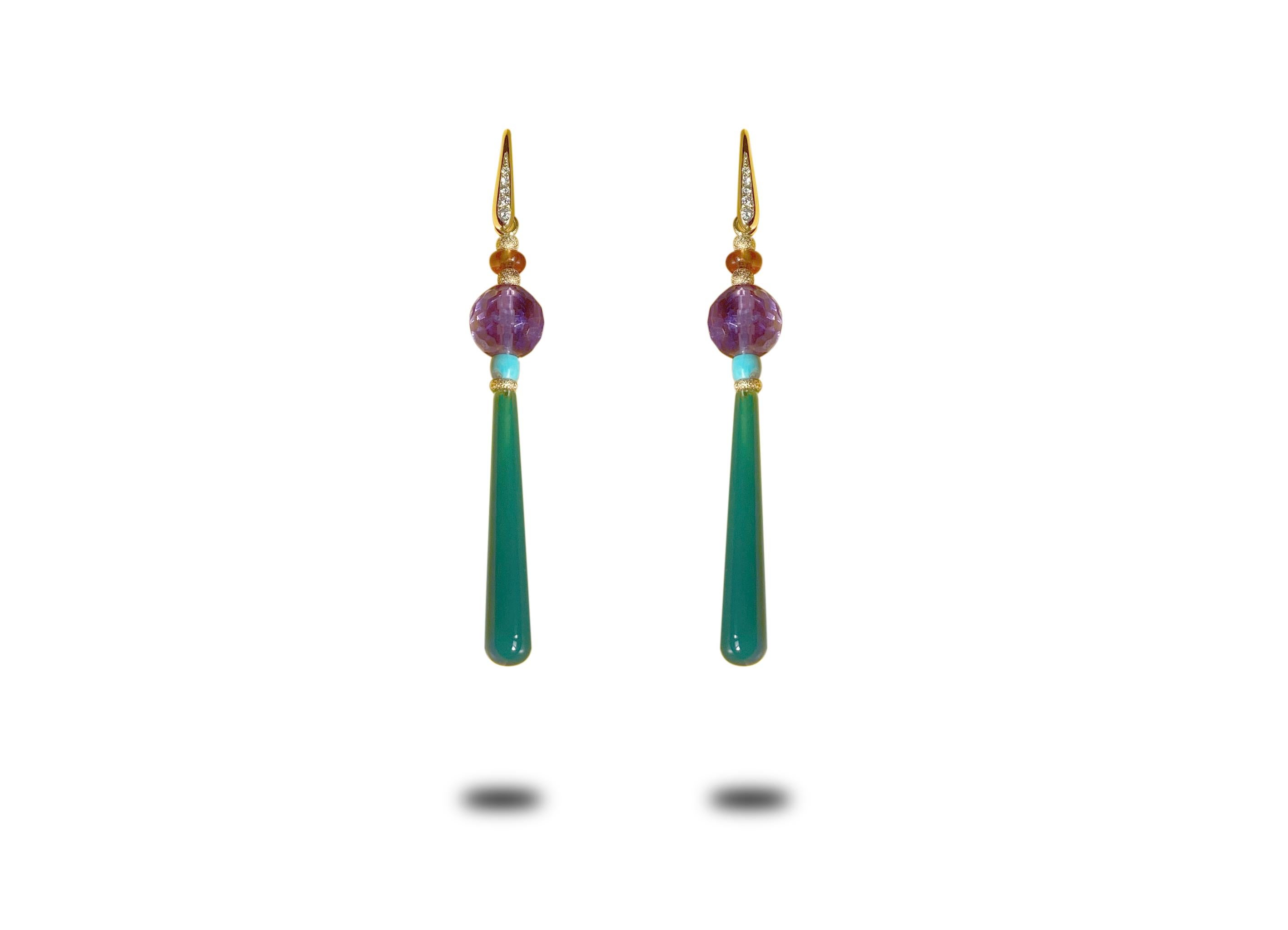 Brilliant Cut Art Deco Style Drops 18kt Gold 0.12kt Diamond Amethyst Turquoise Dangle Earrings For Sale