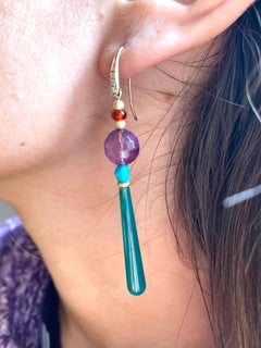 Art Deco Style Drops 18kt Gold 0.12kt Diamond Amethyst Turquoise Dangle Earrings