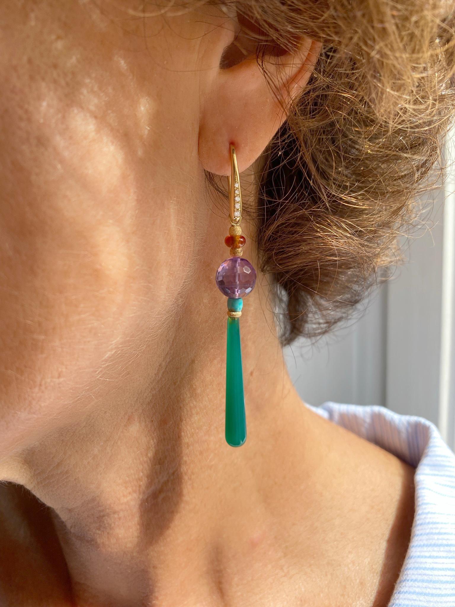 Art Deco Style Drops 18kt Gold 0.12kt Diamond Amethyst Turquoise Dangle  Earrings For Sale at 1stDibs