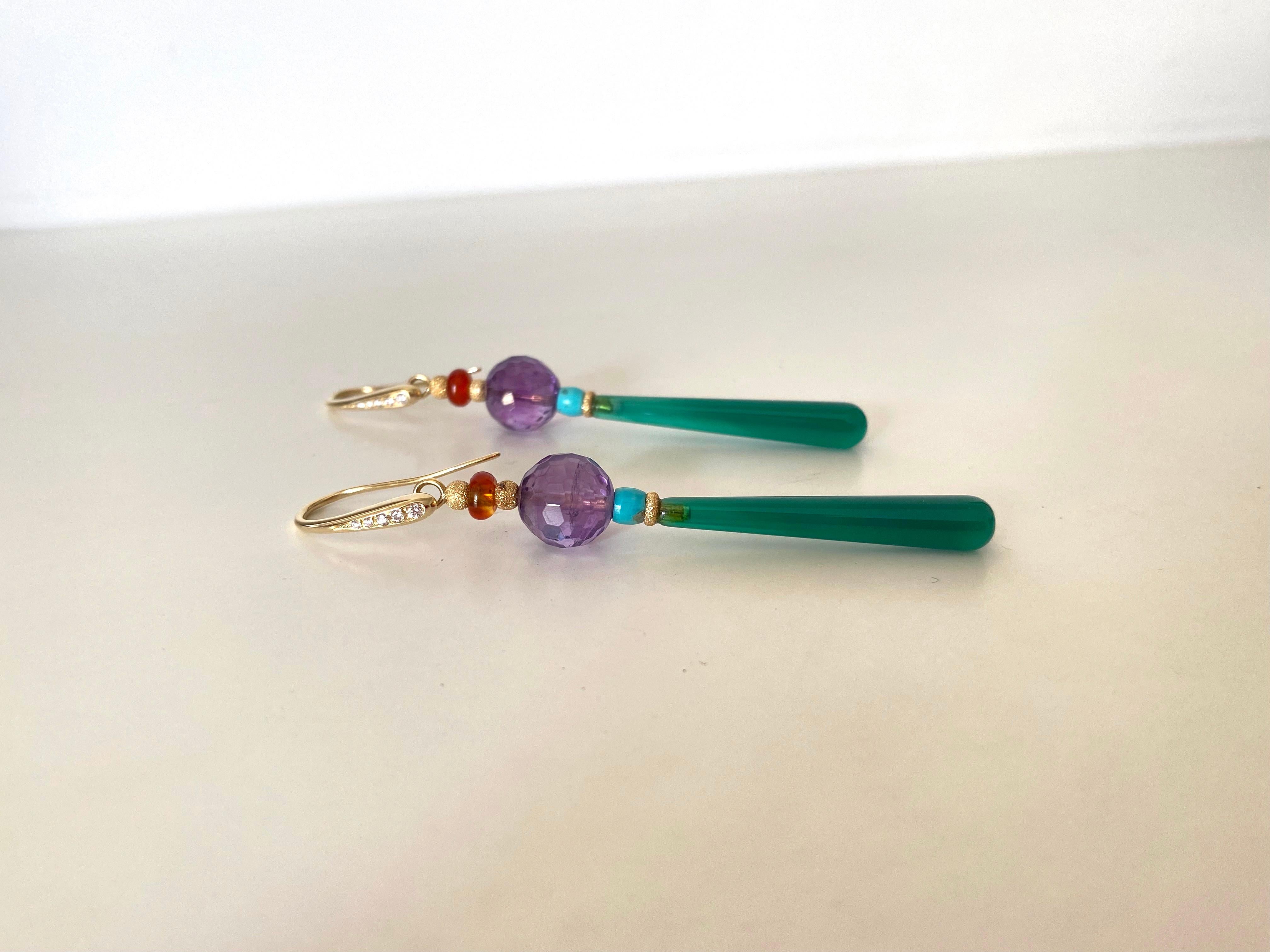 Art Deco Style Drops 18kt Gold 0.12kt Diamond Amethyst Turquoise Dangle Earrings For Sale 1
