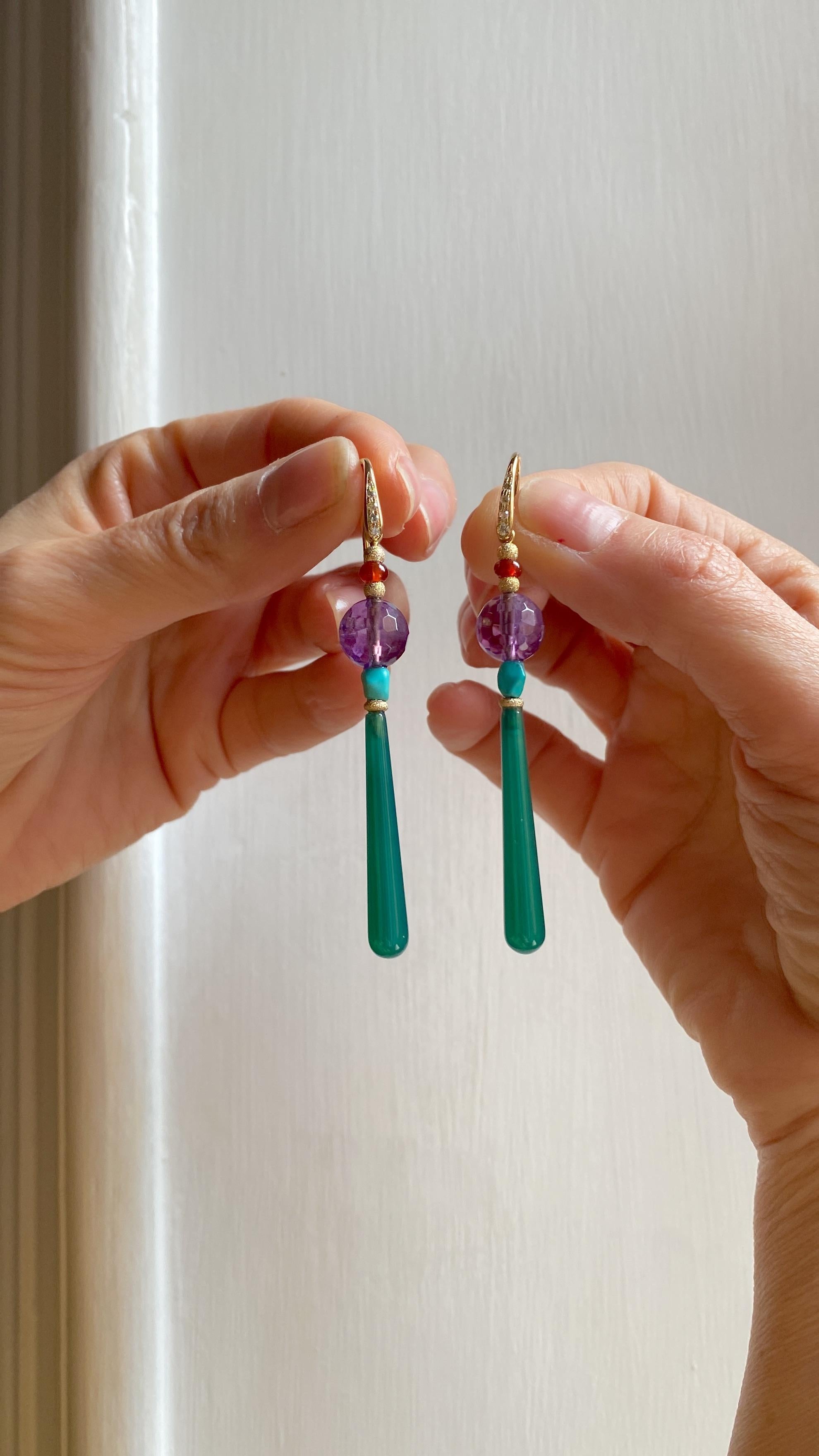 Women's Art Deco Style Drops 18kt Gold 0.12kt Diamond Amethyst Turquoise Dangle Earrings For Sale