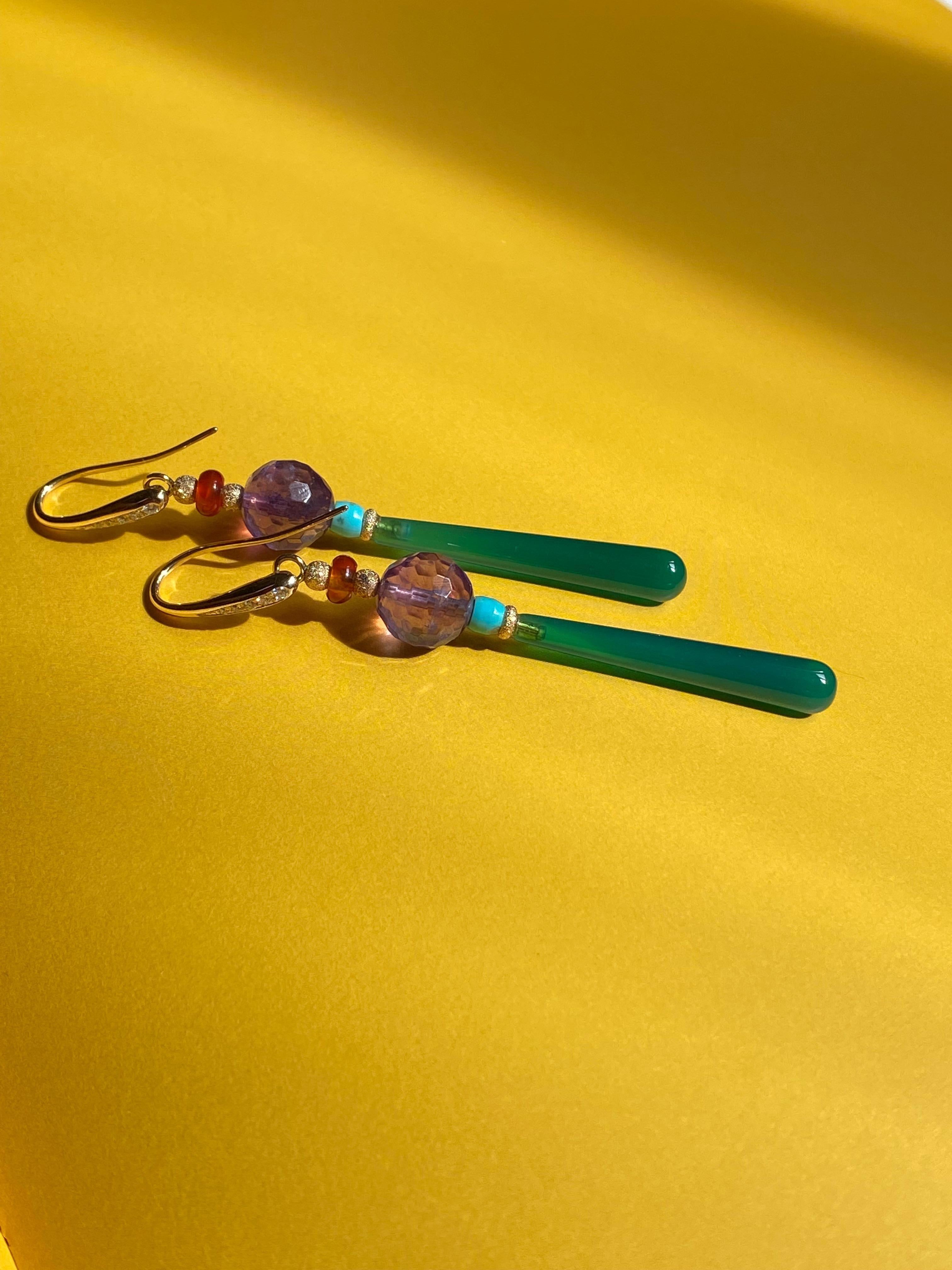 Art Deco Style Drops 18kt Gold 0.12kt Diamond Amethyst Turquoise Dangle Earrings For Sale 5