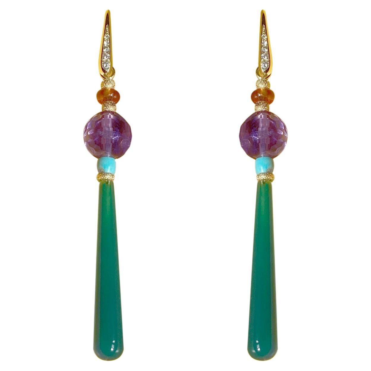 Art Deco Style Drops 18kt Gold 0.12kt Diamond Amethyst Turquoise Dangle Earrings For Sale