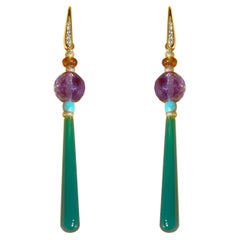 Art Deco Style Drops 18kt Gold 0.12kt Diamond Amethyst Turquoise Dangle Earrings