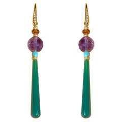 Art Deco Style Drops 18kt Gold 0.12kt Diamond Amethyst Turquoise Dangle Earrings