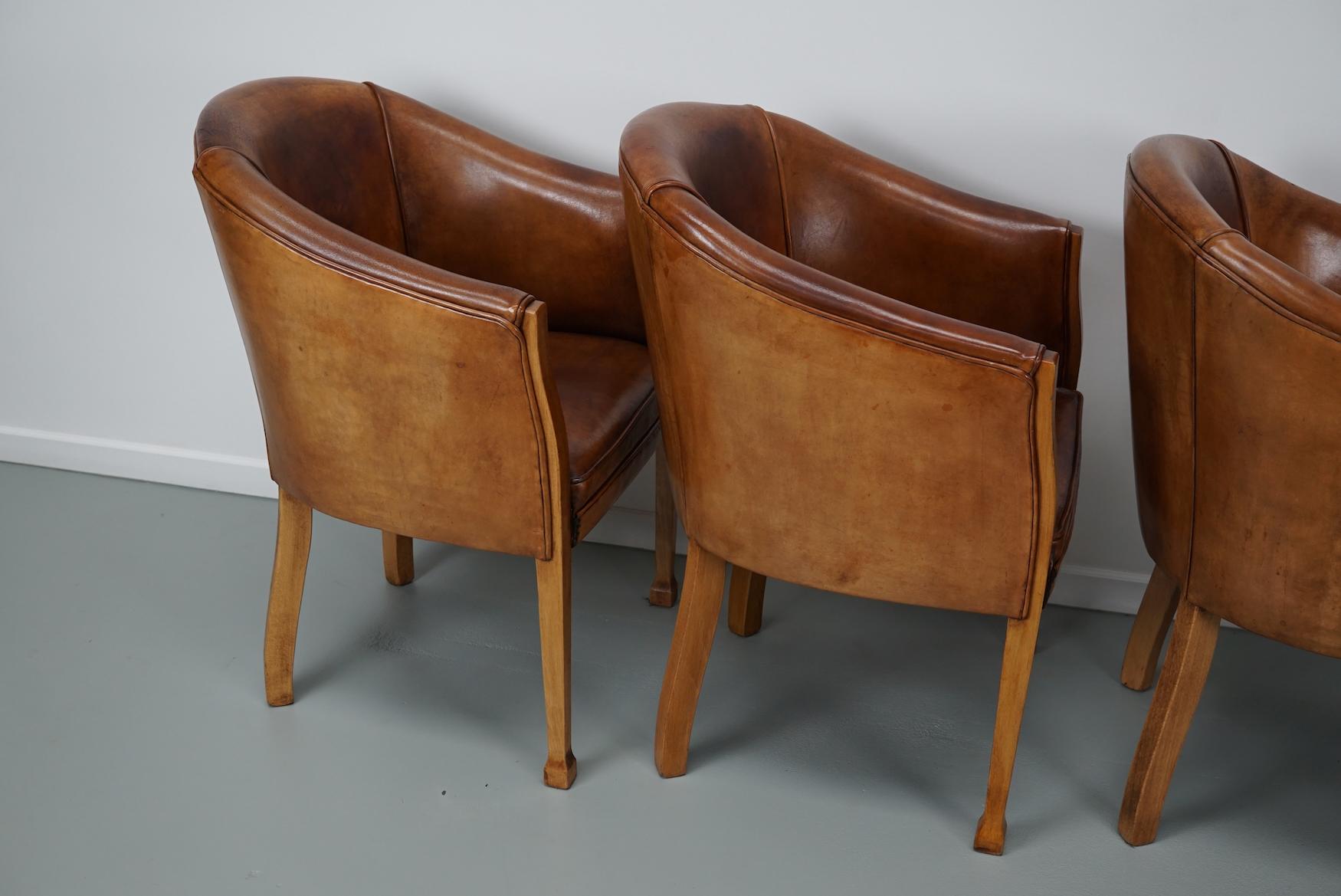 Art Deco Style Dutch Cognac Leather Club Chairs, Set of Four  For Sale 8